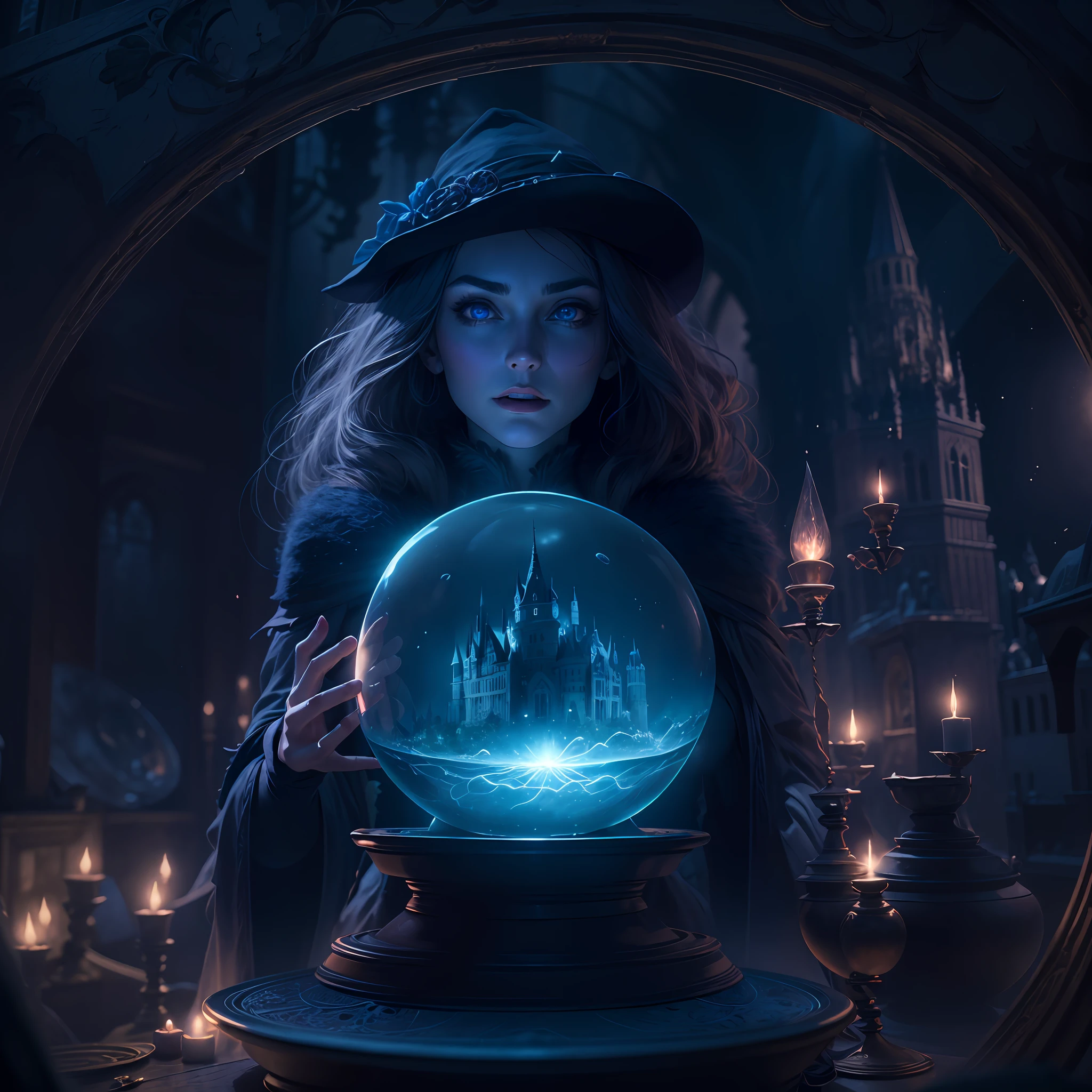 Moonlight, The evil witch casts magic on the Crystal ball in front of her, (There is a castle in the Crystal ball), The witch's eyes emit a blue flame, Electroluminescent Wire, Dreamy Glow, anatomically correct, (Photorealistic,masterpiece,best quality,UHD,extremely detailed, Cinematic Lighting )