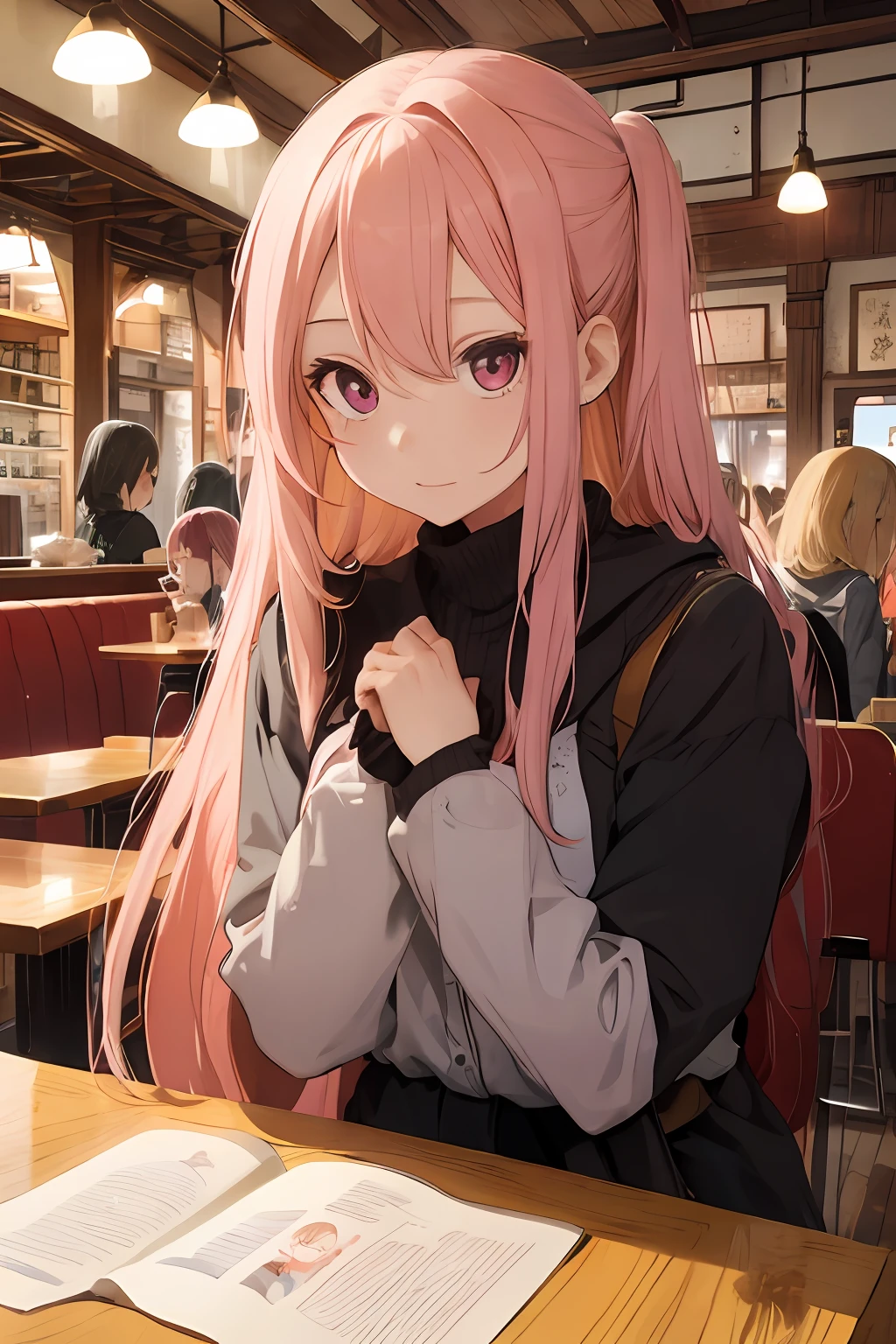 Blonde long hair girl showing forehead、Girl with long pink hair、Two people talking in a café