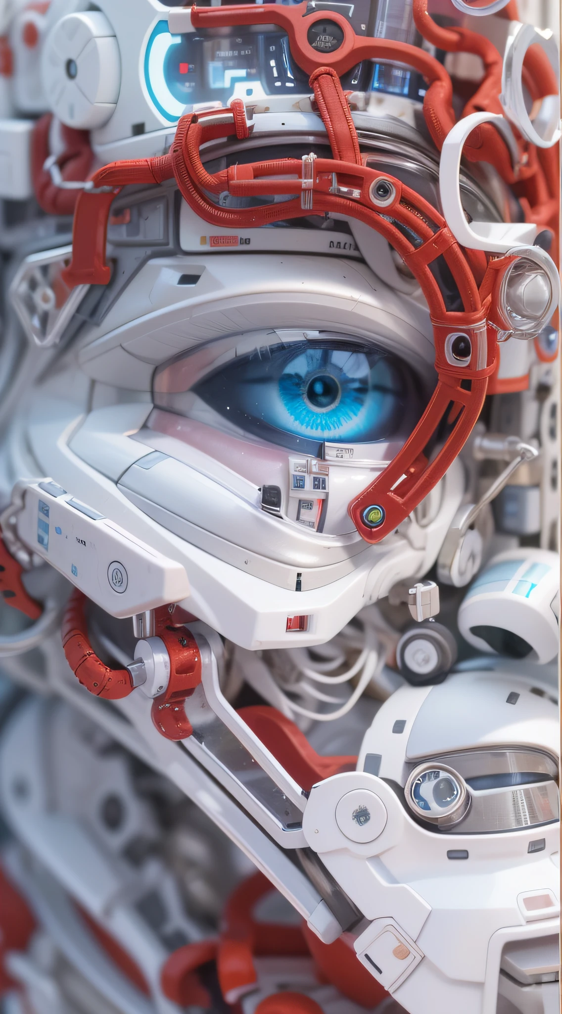 Araffed Cyborg with high-resolution white plastic details, batom vermelho e olhos azuis claros.