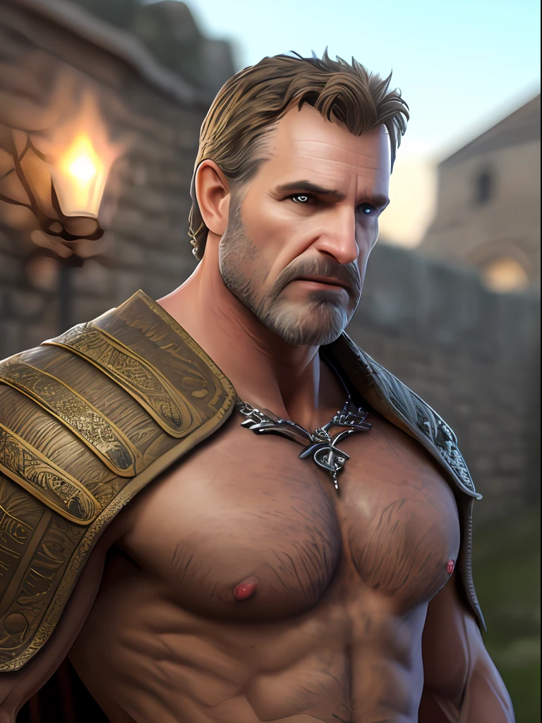 masterpiece, detailed, intricate, epic fantasy, colorful, full body, slight angle, handsome man, 50 years old, sexy, hulking, attractive and very masculine, brawny, ankle wraps, very hairy chest, skimpy revealing outfit, receding hairline, smirk, mercenary, blades, big ancient city walls, pointing away, depth of field, particle effects, high quality shadows, looking to the viewer.