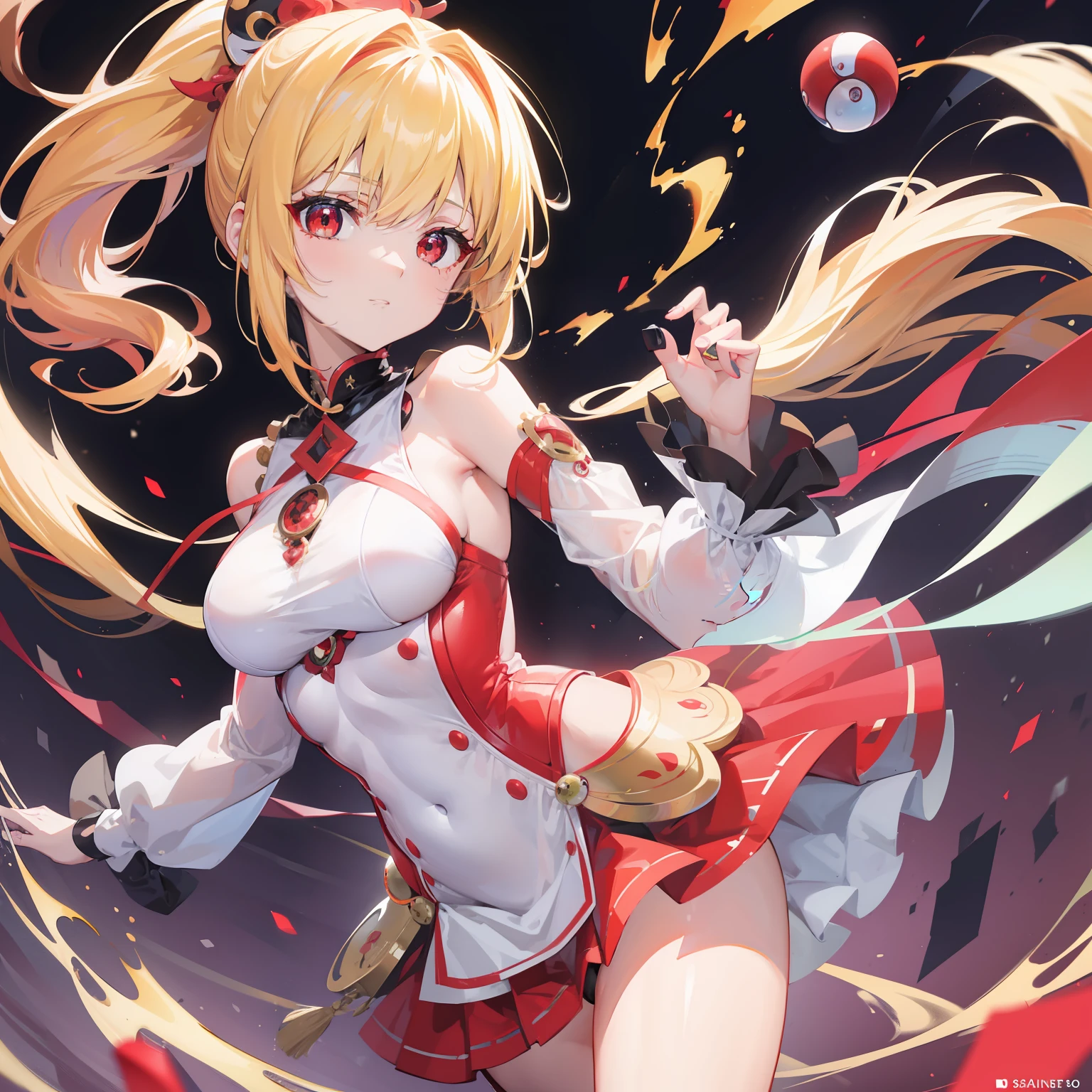 masutepiece, Fine detail, 4K, 8K, 12K, Solo, Two people, Beautiful Girl, caucasian female, Yugenma Rock, Five-Ball、One eye on the ball、Blonde hair, Ponytail, red eyes、battle posture、Electrical Effects