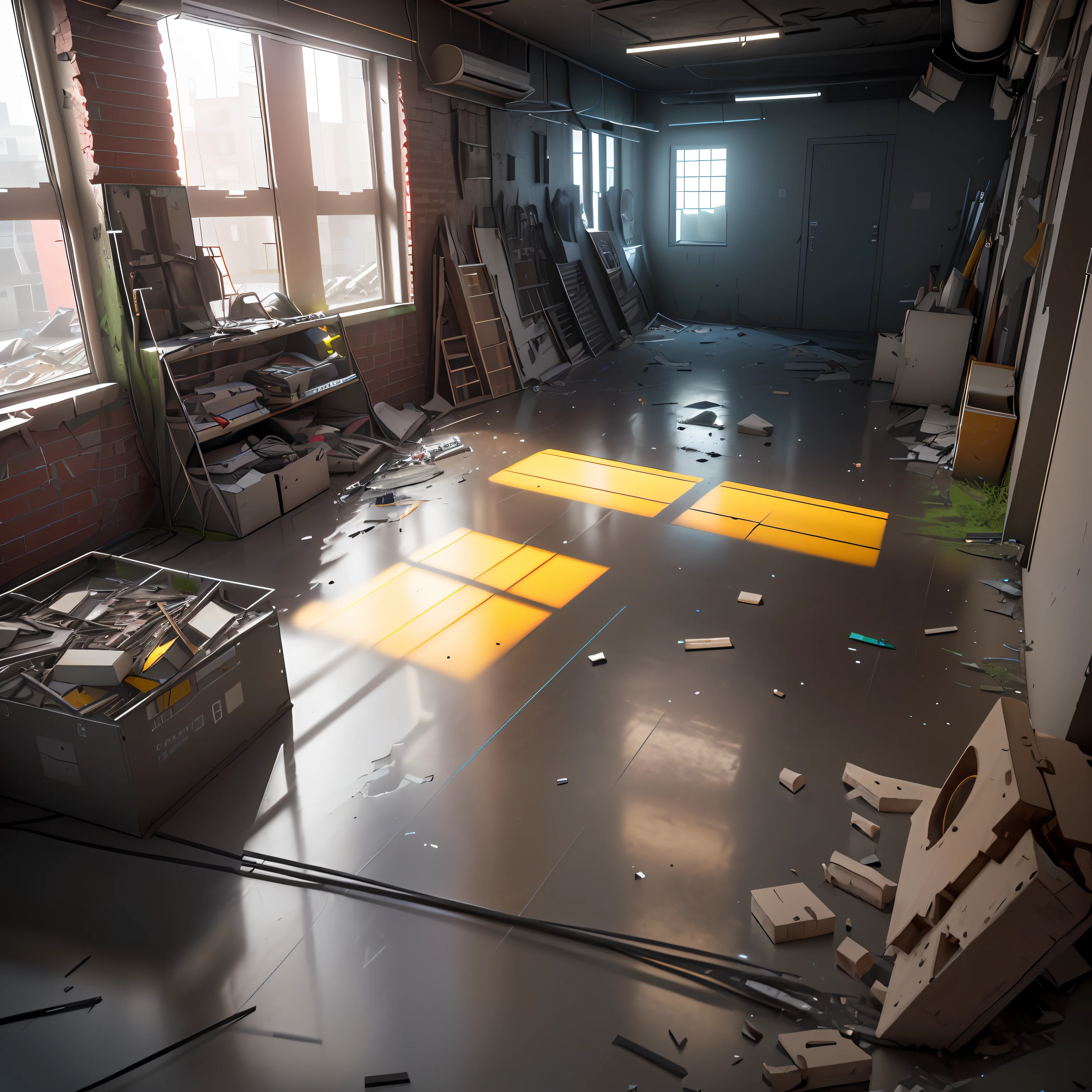 3D Model HD Rendering, Architectural Rendering, Right Angle Isometric View, 45 Degree Angle, (Gray Background), High Detail, Cinematic, Global Illumination, Realistic Lighting, Unreal Engine Rendering, Substance 3D, Octane Rendering, (HDR:1.3), (Cluttered Dilapidated Street Shops, All Over the Floor), Crash, Combat Damage Style, Overgrown