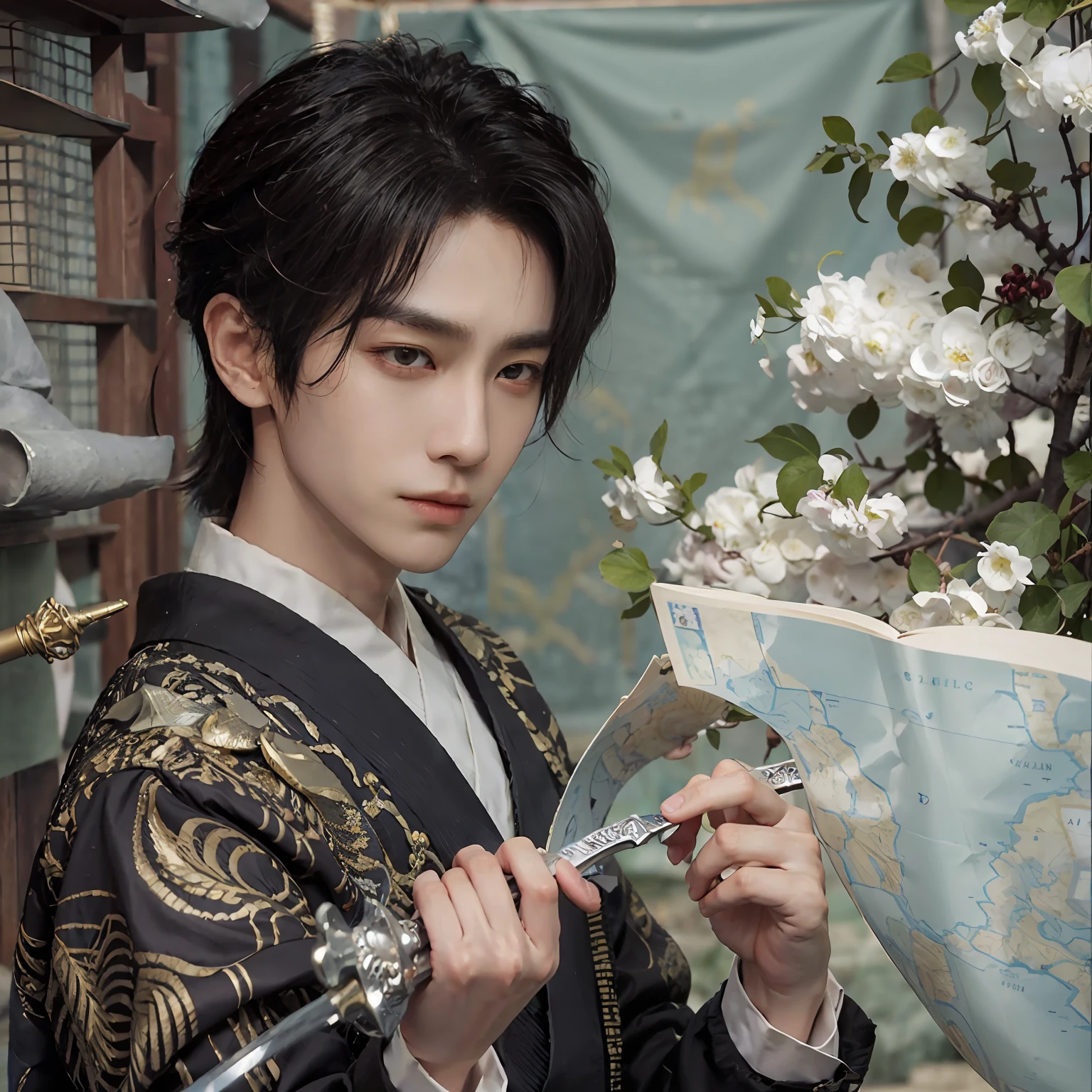 The background is Japan,full bodyesbian,in a panoramic view,face perfect,high high quality,A boy looking at a map,With gold wire eyes,opens his eyes wide,Wheat-colored skin,Alafeld Asian man with sword in black,handsome japanese demon boy,