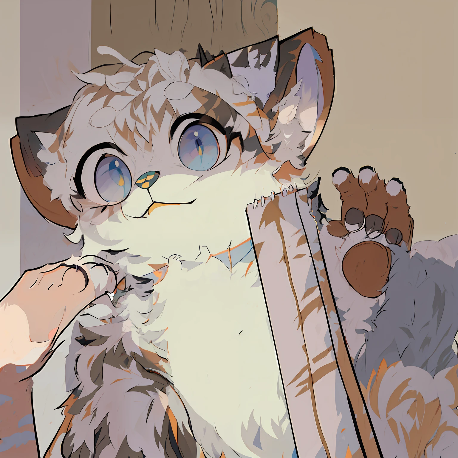 Someone was holding a cat with a book in his hand, POV furry art, furry paw pov art, an anthro cat, Detailed fanart, anthro paw pov art, fursona furry art commission, professional furry drawing, fursona art, spotted ultra realistic, furry artist, realistic anime cat, fursona!!!!, fursona commission, anime cat, large claws