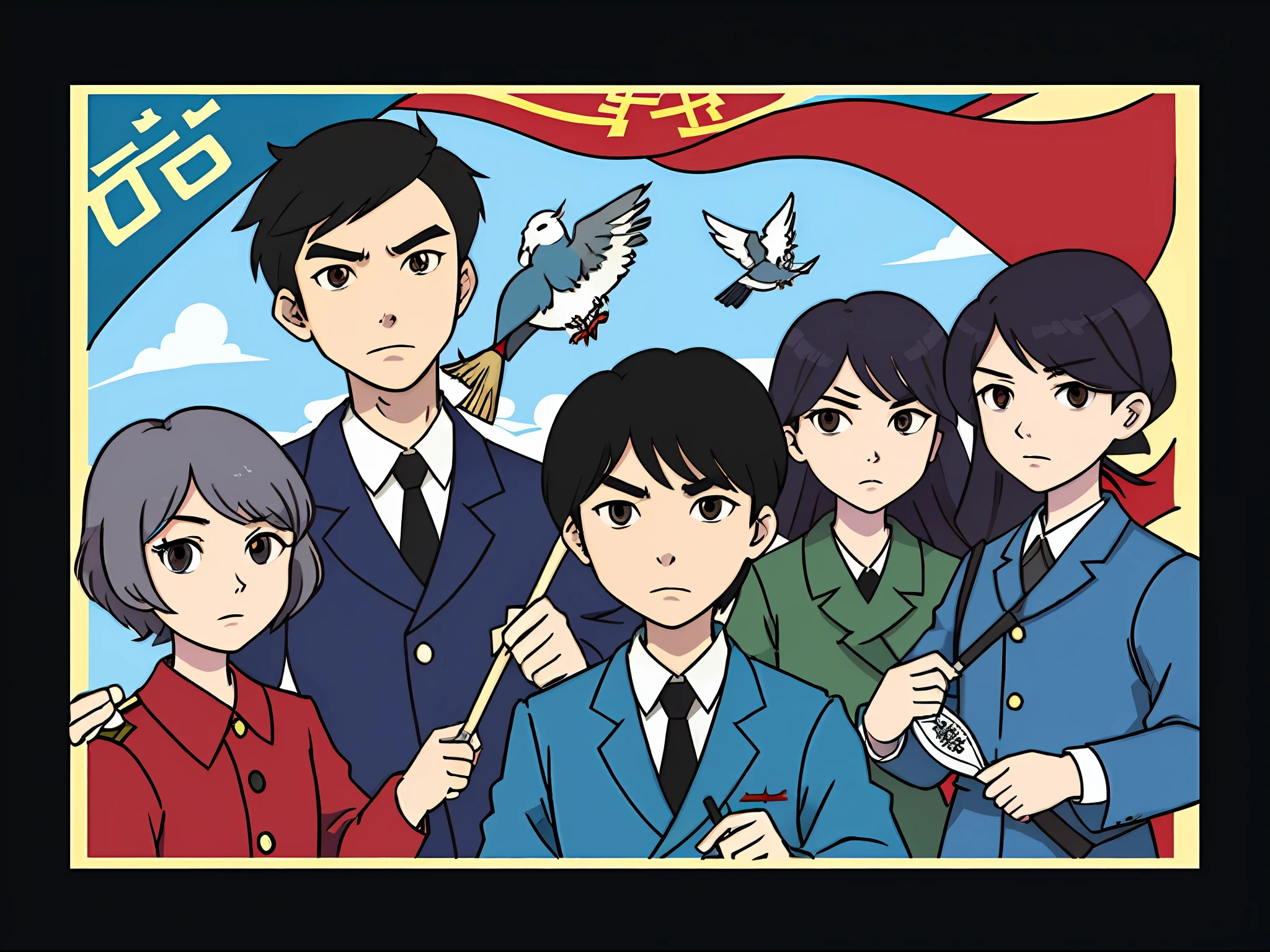 Caricature of a group of people holding pigeons and flags, 🚿🗝📝, north korea propaganda style, author：Yunichi Hiratsuka, Middle metaverse, Propaganda art, Communist propaganda, author：Nobusada Yanagawa, election poster, by Kubisi art, Communist propaganda poster, freedom fighter