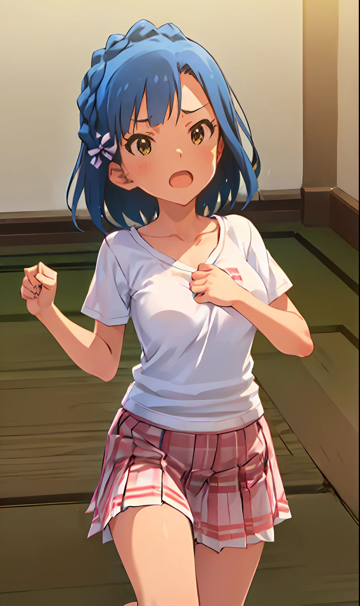 yuriko nanao (million live). Short stature. (((white t-shirts))).(((Skirt))).(((masterpiece))).(((best quality))).((Ultra-detailed))).(((illustratio))). (((fighting stance))).(((a room))).(((make a fist))).(((up chest))).Despair face.(((short-hair))).((big breasts)).((Opening Mouth)).