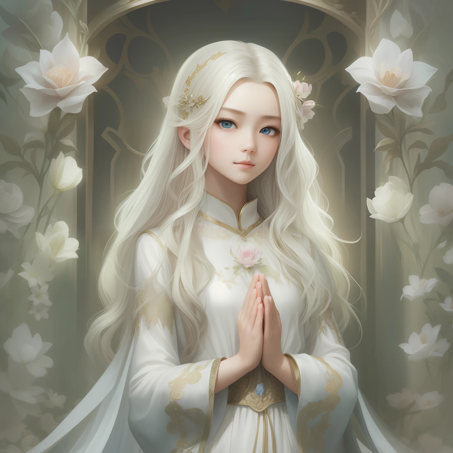 （​masterpiece）8K分辨率、top-quality、Maiden Offering Prayers、Delicate full-length image、Platinum blonde hair with green、Very Beautiful  Girl、Ash gray eyes、Hazel Eyes、fantasy-inspired