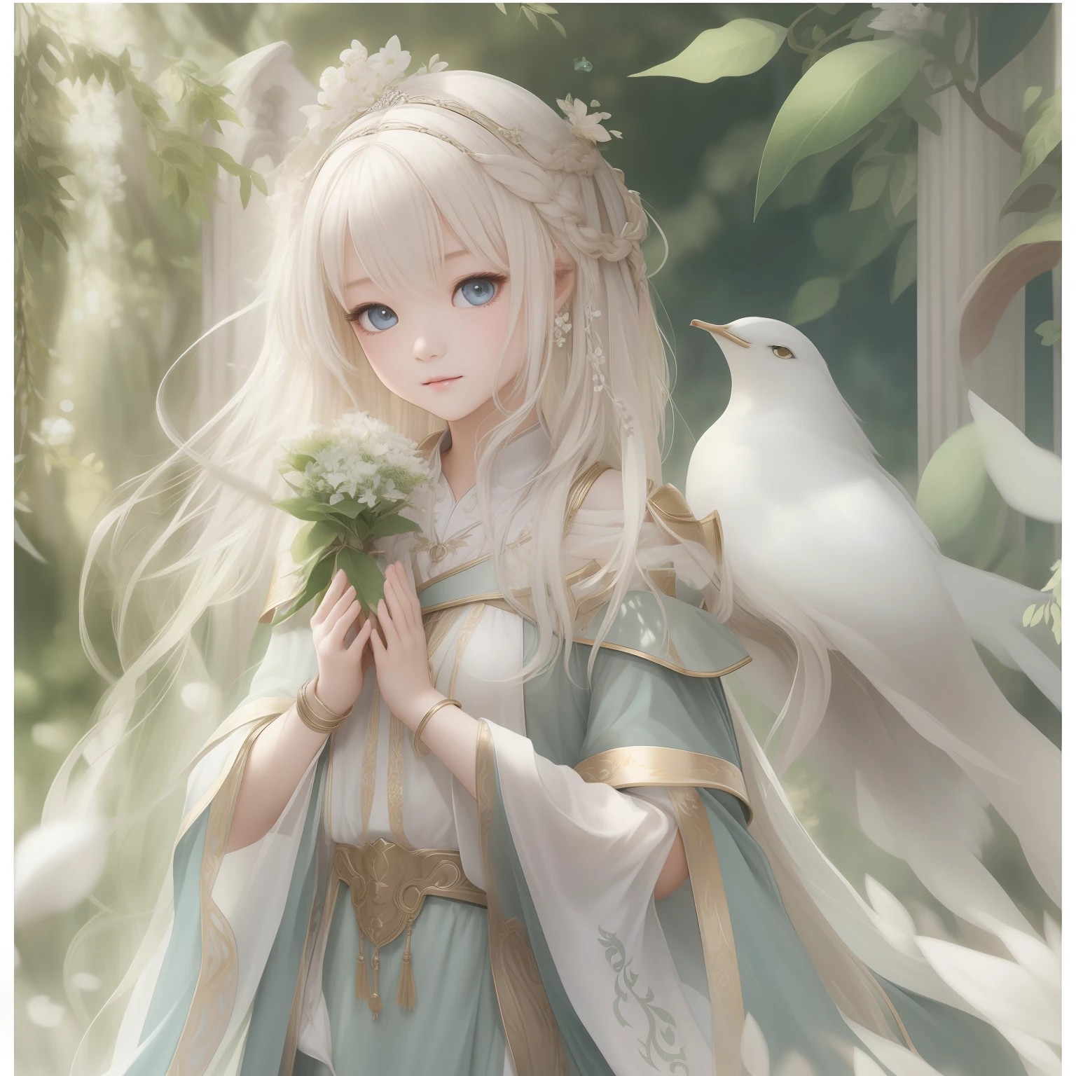 (masterpiece)8K分辨率、top-quality、Maiden Offering Prayers、Delicate full-length image、Platinum blonde hair with green、Very Beautiful Little Girl、Ash gray eyes、Hazel Eyes、fantasy-inspired
