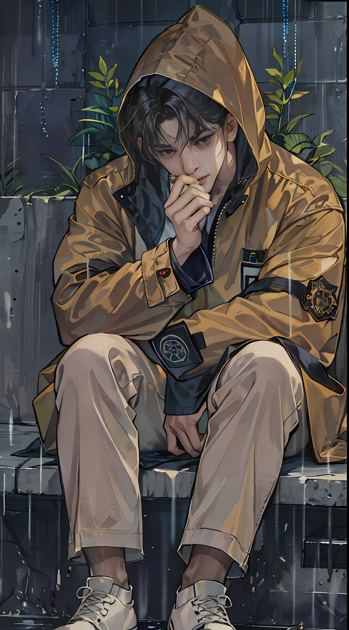 absurdres, illustration, male, solo, adult, mature, handsome_male, toned, raincoat, blunt cut, sitting on lap, anxiety