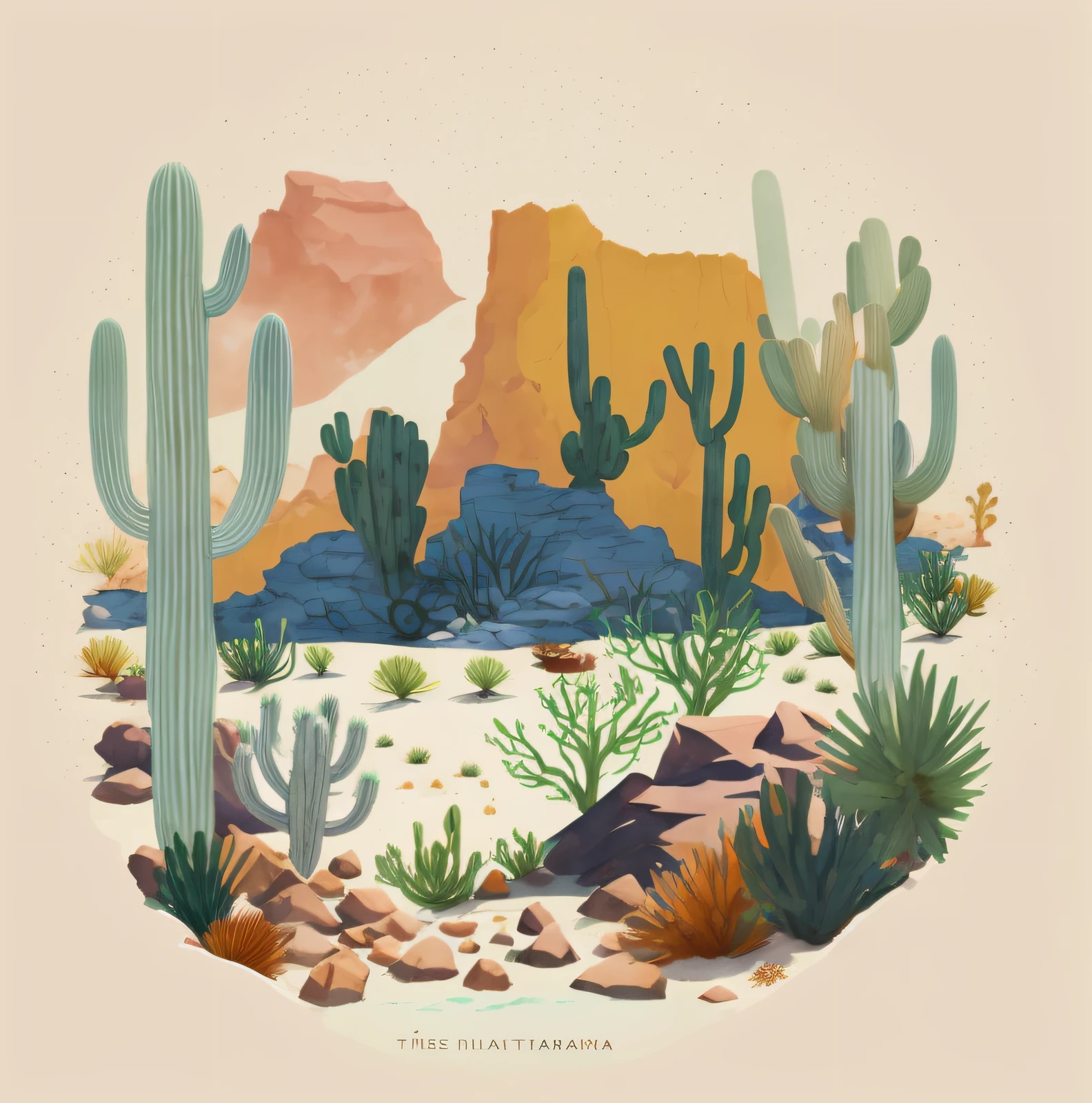 Desert close-up with cactus trees and rocks, desertpunk, desert mesa, desert composition, arizona desert, Desert scene, detailed digital illustration, the planet is warm with canyons, deserts and mountains, desert colors, Desert landscape, Flat desert, Desert environment, Illustration style, Watercolor desert, desert scenery, Desert oasis, Landscape illustration,retro illustration