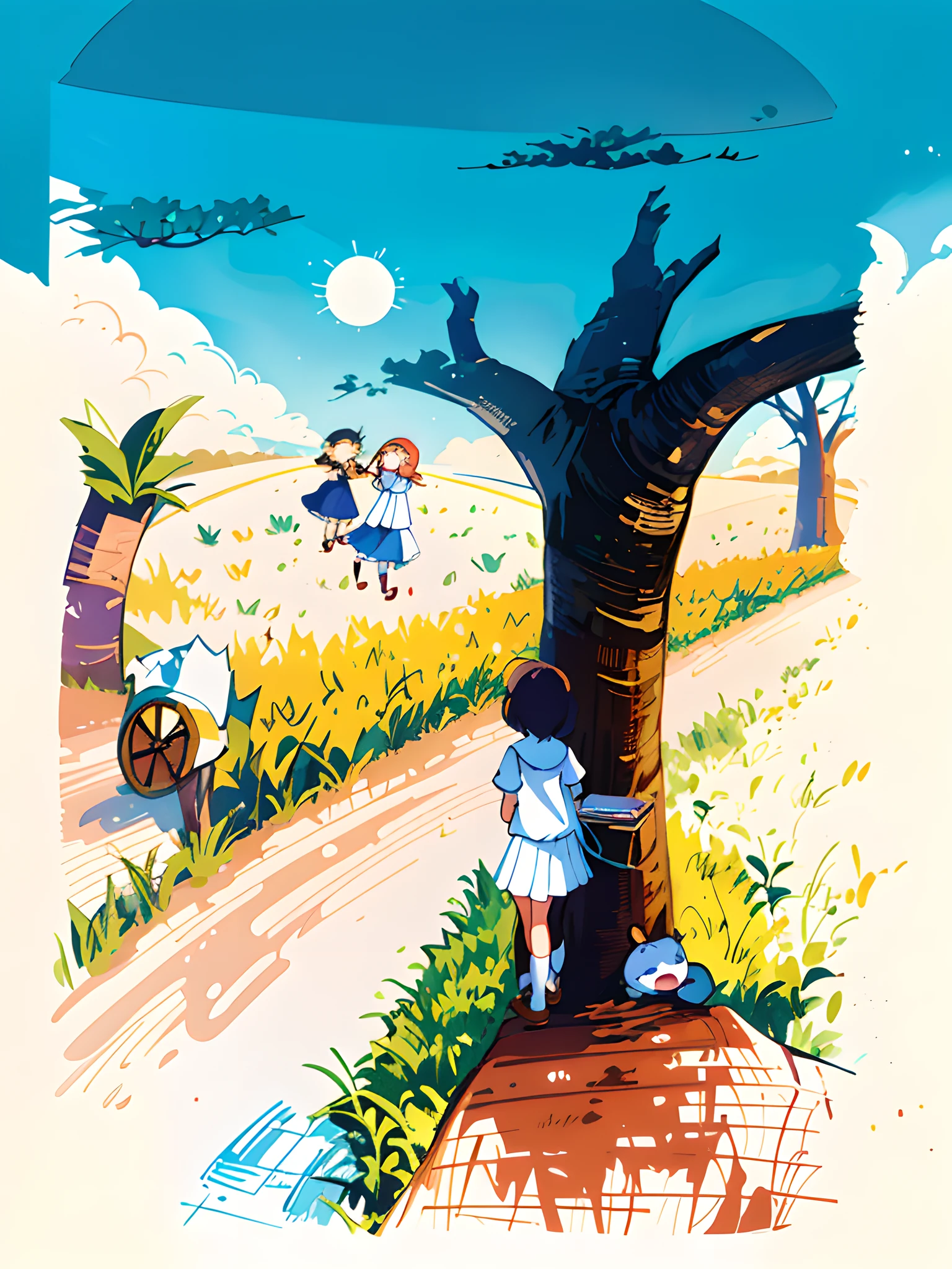 There is a cartoon picture,A girl stands under a tree, children's book illustrations, children illustration, Children's book illustration, children's book illustrations, children's book illustrations, Children's illustration, children's book illustrations, Children\'s illustration, KIDS ILLUSTRATION, children's book illustrations, children illustration, colorful kids book illustration, full page illustration, magazine illustration, storybook illustrations