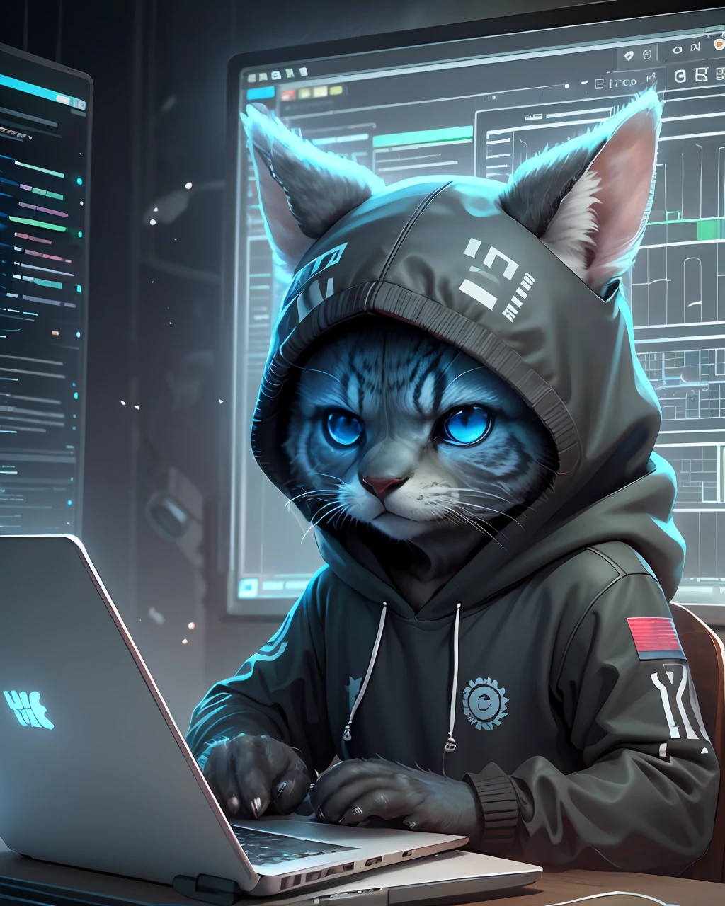 /imagine prompt:/imagine prompt:um hacker touro ( animal ) usando roupas, mexendo em um notebook, with the chart indicators screen pointing upwards, with multiple laptops connected. Ultra realista, 8k. --auto --s2