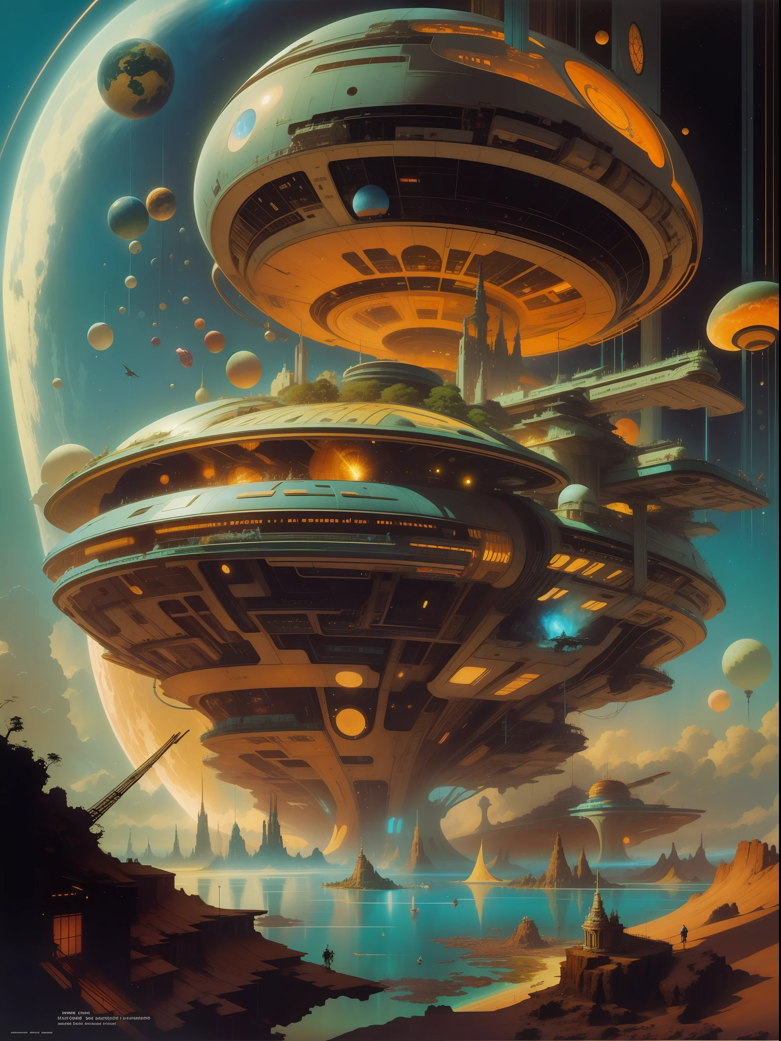 Inspirado en las legendarias obras de PETER ELSON, John Berkey, JIM BURNS, VICENTE DI DESTINO, Chris Foss, ANGUS MCKIE, Ralph McQuarrie, Syd Mead, Boris Vallejo, Frank Frazetta, y ROGER DEAN, This work of art takes us on a journey through an otherworldly musical spectacle. Imagine a magnificent concert hall floating in the cosmos, where ethereal musicians play celestial instruments that emit radiant melodies. The whole scene is illuminated by cosmic lights, creating a mesmerizing symphony of colors and sounds that resonate throughout the universe.