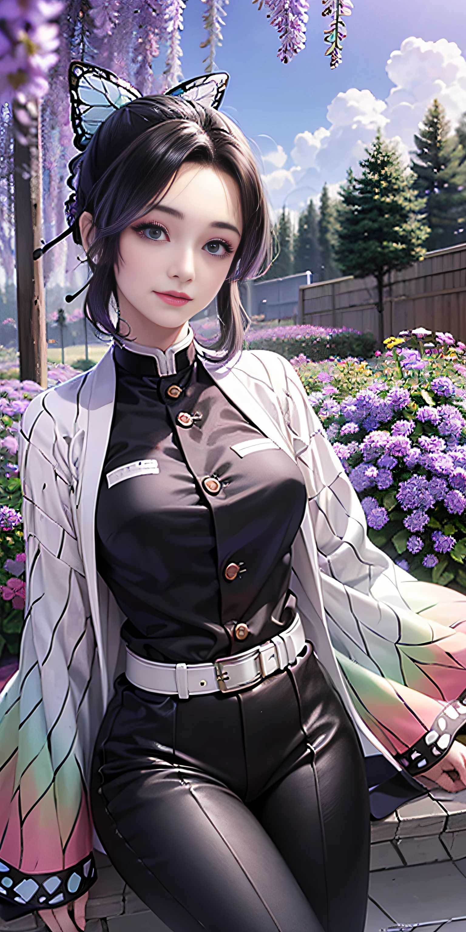 Anime girl sitting on a bench in a garden with flowers - SeaArt AI