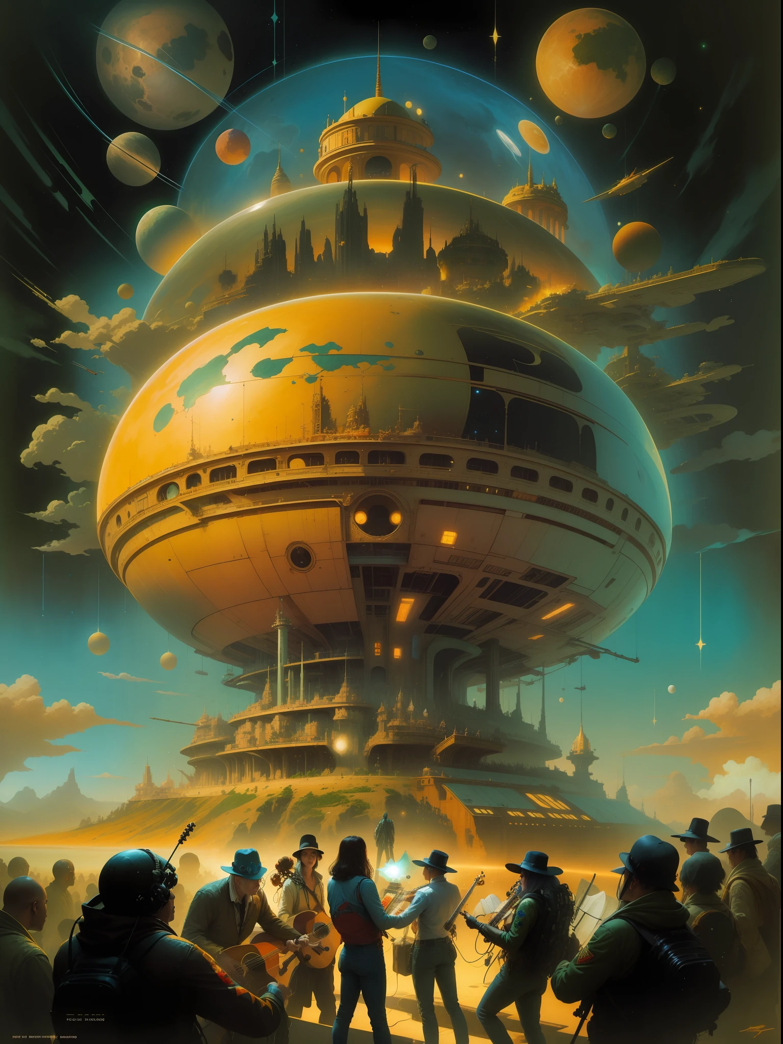 Inspirado en las legendarias obras de PETER ELSON, John Berkey, JIM BURNS, VICENTE DI DESTINO, Chris Foss, ANGUS MCKIE, Ralph McQuarrie, Syd Mead, Boris Vallejo, Frank Frazetta, y ROGER DEAN, This work of art takes us on a journey through an otherworldly musical spectacle. Imagine a magnificent concert hall floating in the cosmos, where ethereal musicians play celestial instruments that emit radiant melodies. The whole scene is illuminated by cosmic lights, creating a mesmerizing symphony of colors and sounds that resonate throughout the universe.