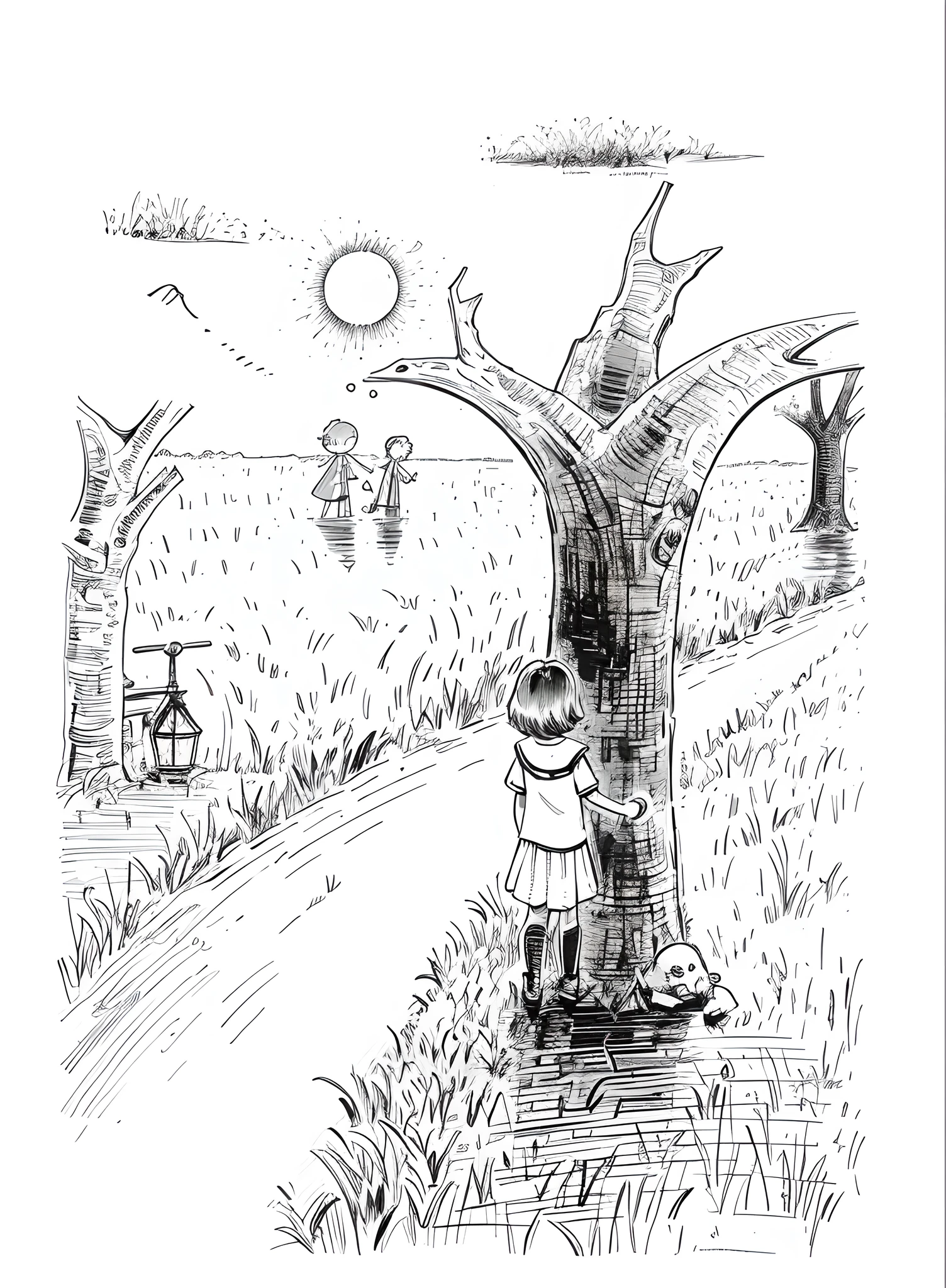 Draw a child standing under a tree in a field, full page illustration, full page illustration, vignette illustration, Black and white illustration, children's book illustrations, pen and ink illustration, pen - and - ink illustration, A illustration, Official illustration, Ink illustration, children's book illustrations, portfolio illustration, pen and ink illustration, Children's illustration