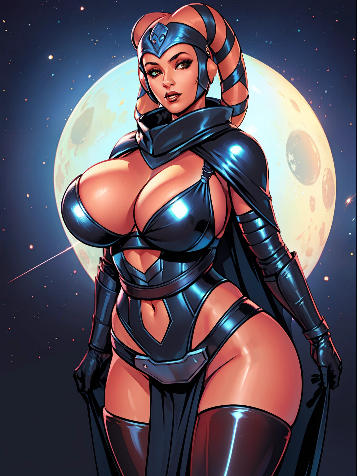 Sexy big tits Twi'lek, lithe body, massive tits, gigantic boobs, busty, thin, athletic, ((red skin), twi'lek), evil space knight, space ninja, (wearing (((modest))) loose black tunic, cowl, cloak, gloves, leggings, straps, buckles, corset, long skirts, long sleeves, fantasy, ((armor))), ((busty), slender body, thin, slim sexy body, slim waist, ((huge breasts))), Imperial starship, Star Wars,