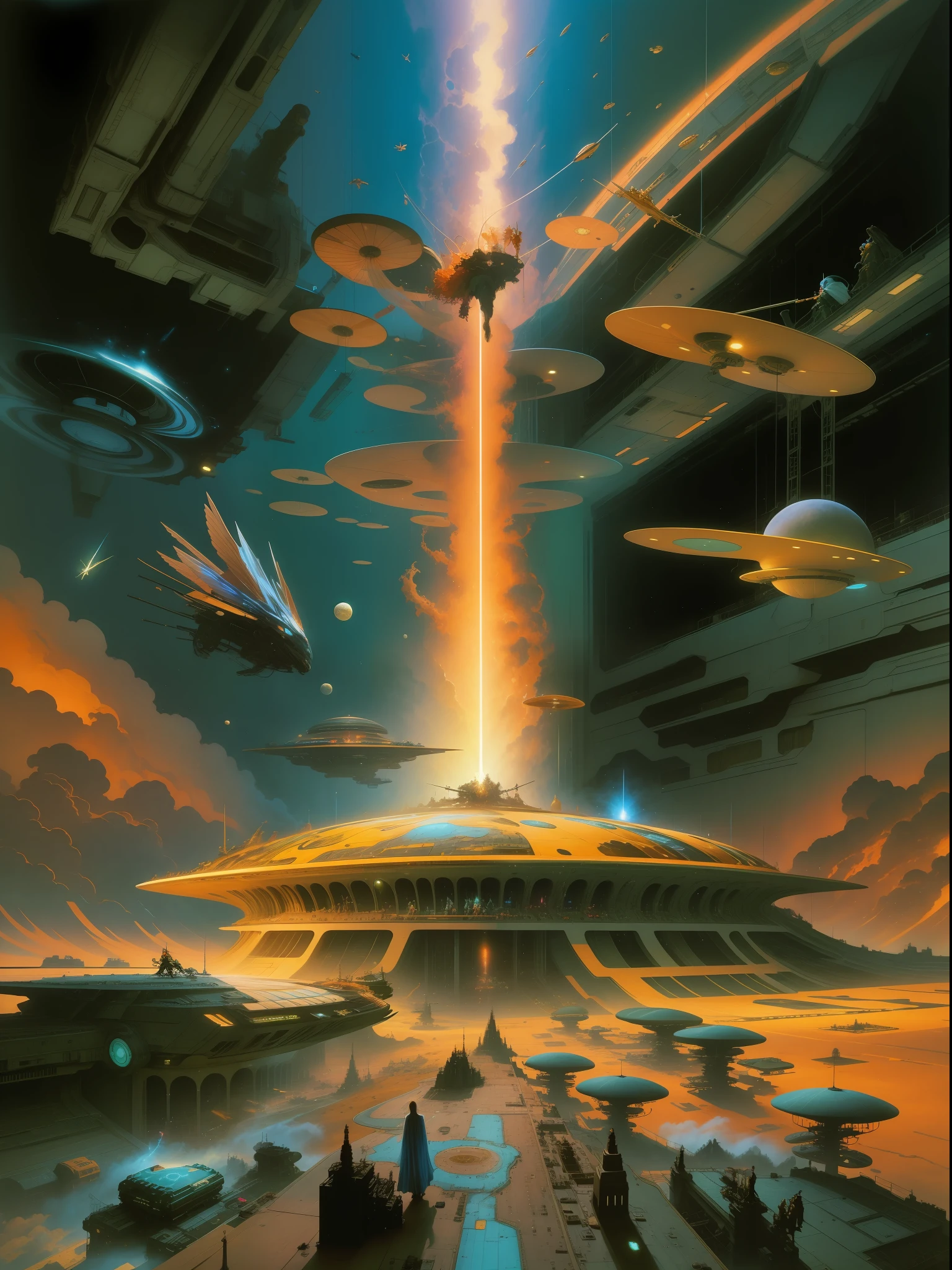 Inspirado en las legendarias obras de PETER ELSON, John Berkey, JIM BURNS, VICENTE DI DESTINO, Chris Foss, ANGUS MCKIE, Ralph McQuarrie, Syd Mead, Boris Vallejo, Frank Frazetta, y ROGER DEAN, This work of art takes us on a journey through an otherworldly musical spectacle. Imagine a magnificent concert hall floating in the cosmos, where ethereal musicians play celestial instruments that emit radiant melodies. The whole scene is illuminated by cosmic lights, creating a mesmerizing symphony of colors and sounds that resonate throughout the universe.