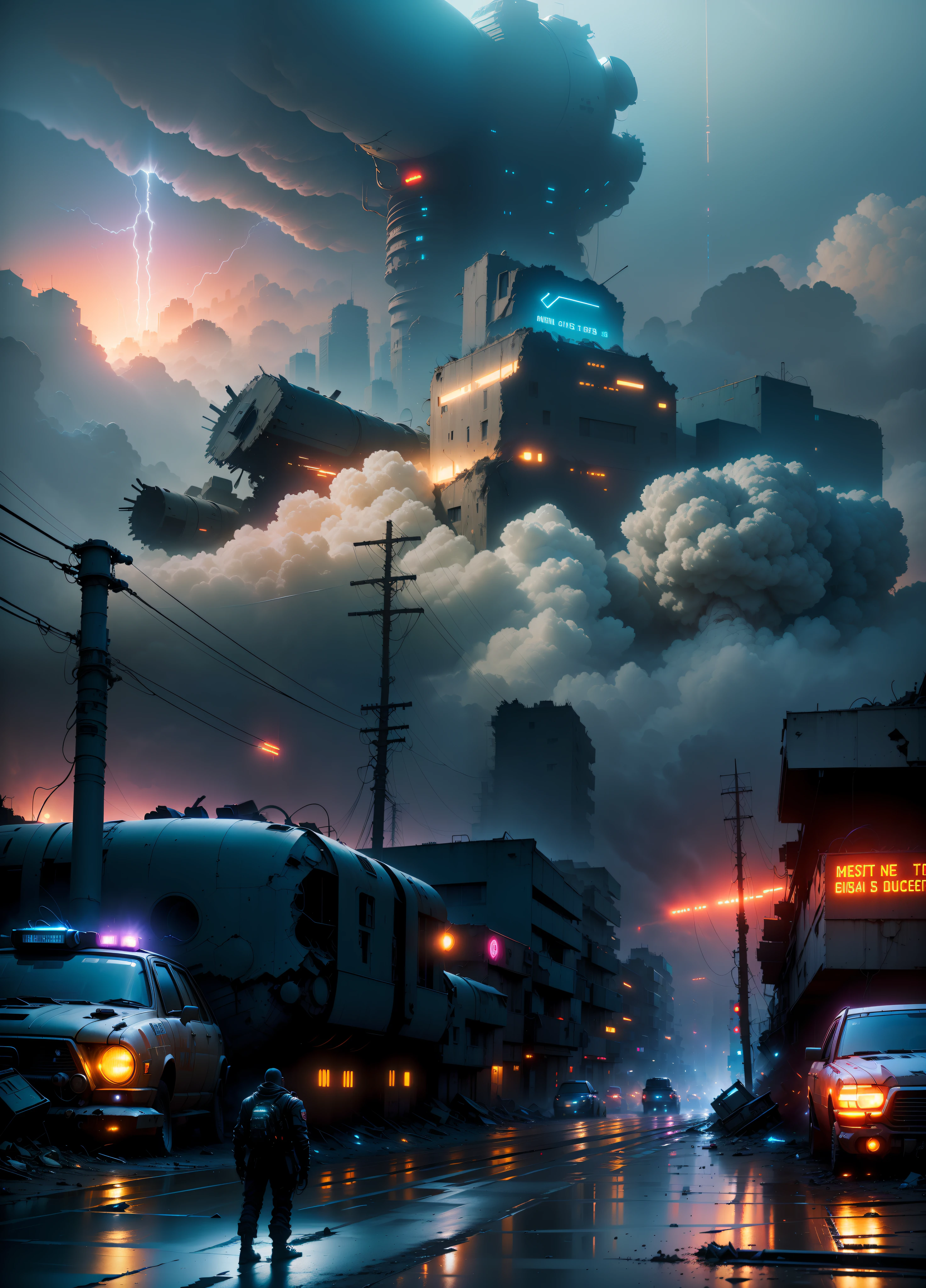 (wide view), wasteland, city ruins, (a man in front of ((huge mech wreckage)), dim light, streets, collapsed utility poles, scattered power lines, electric sparks, tattered future vehicles, garbage heaps, standing water in the big beach, rocks, dense weeds, dense dust smoke, ruined neon lights, heavy clouds, dusk, high quality, (super fine), (light detailed), detailed, accurate, 16k resolution, master works, (movie lights) , (cyberpunk style), dynamic perspective