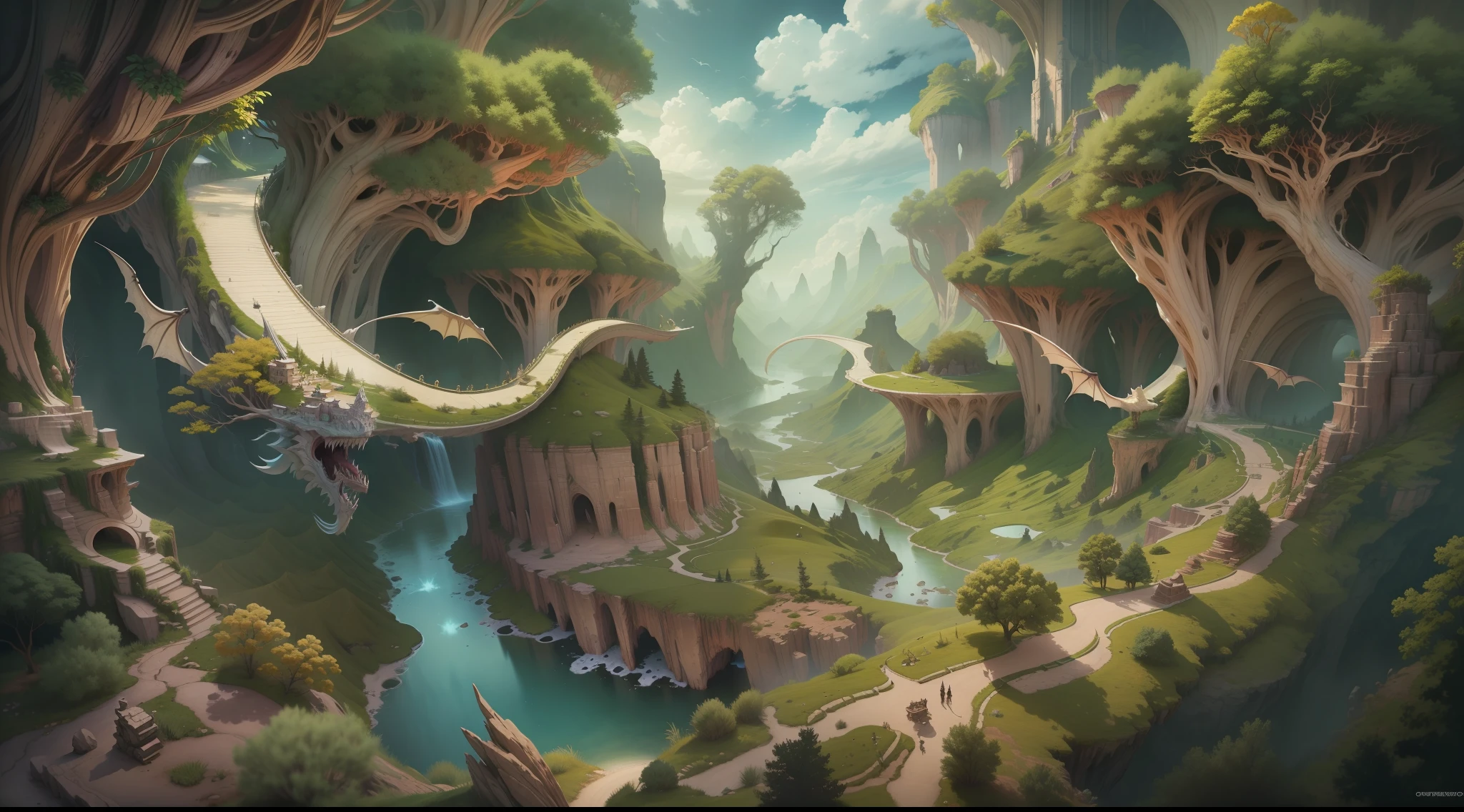 Dragon Canyon,intricate map world,Surreal imaginary concept map,Epic composition,Dense forest,Beautiful and dreamy,Overlooking the wide angle in the sky,tmasterpiece,best qualityer,8k,The is very detailed