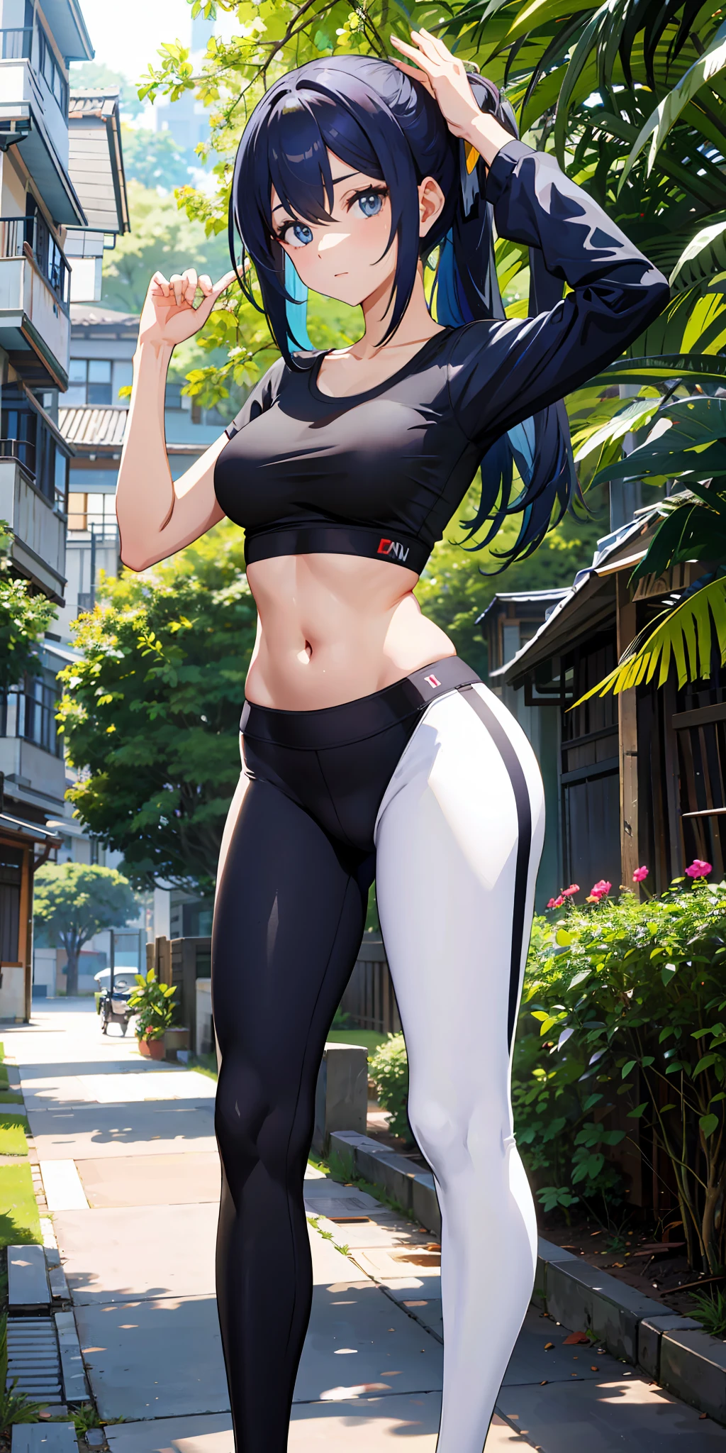 master part, 1girl, Shapely,(Olhos azuis bonitos e detalhados:1.1), cabelos longos, (cabelos prateados:0.70, cabelos azuis:0.30, Dois tons_Hair), corpo inteiro ,De baixo tiro, legging pants, sports bra, Camisa alta, Peito Inferior, camisa branca,