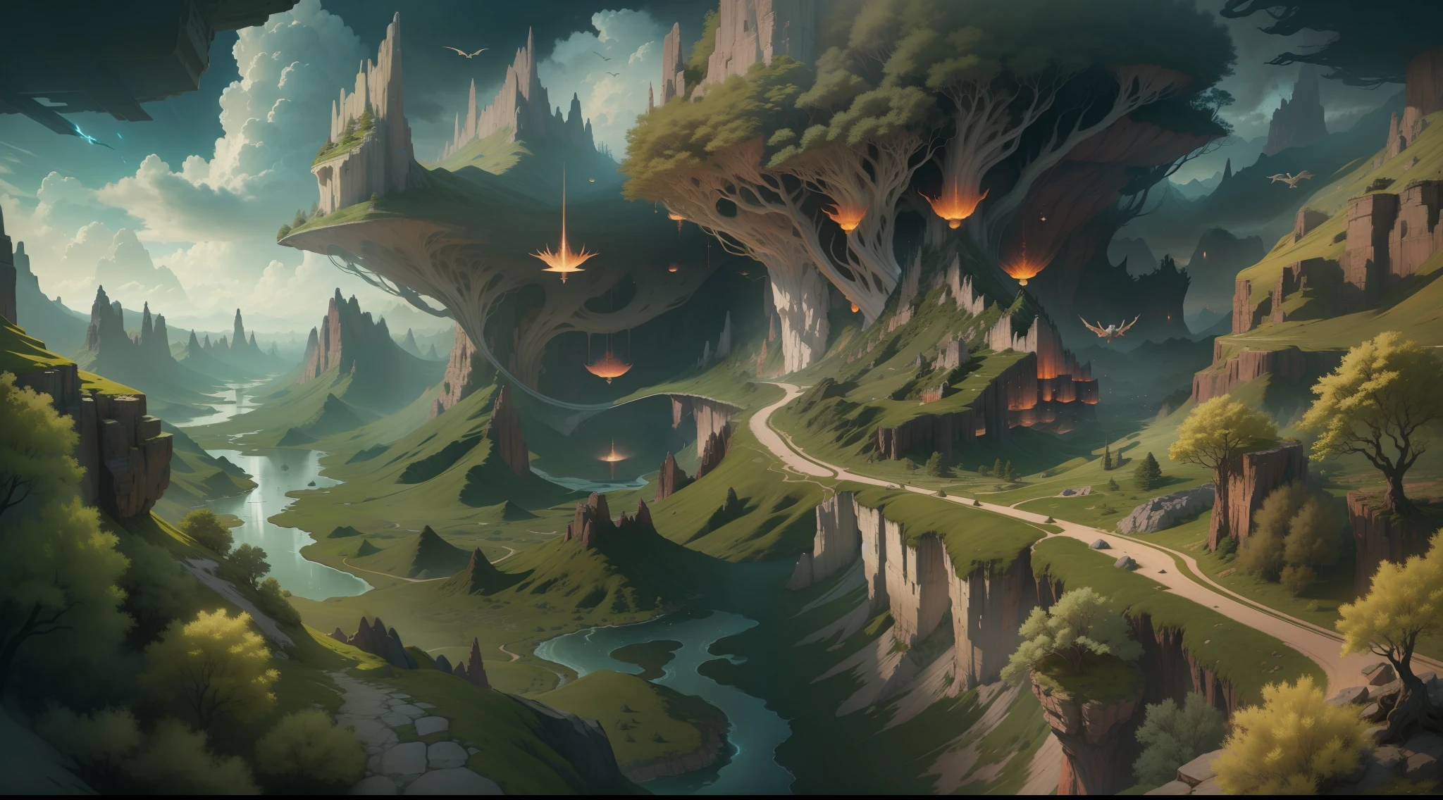 Dragon Canyon，intricate map world，Surreal imaginary concept map，Epic composition，Dense forest，Beautiful and dreamy，Overlooking the wide angle in the sky，tmasterpiece，best qualityer，8k，The is very detailed