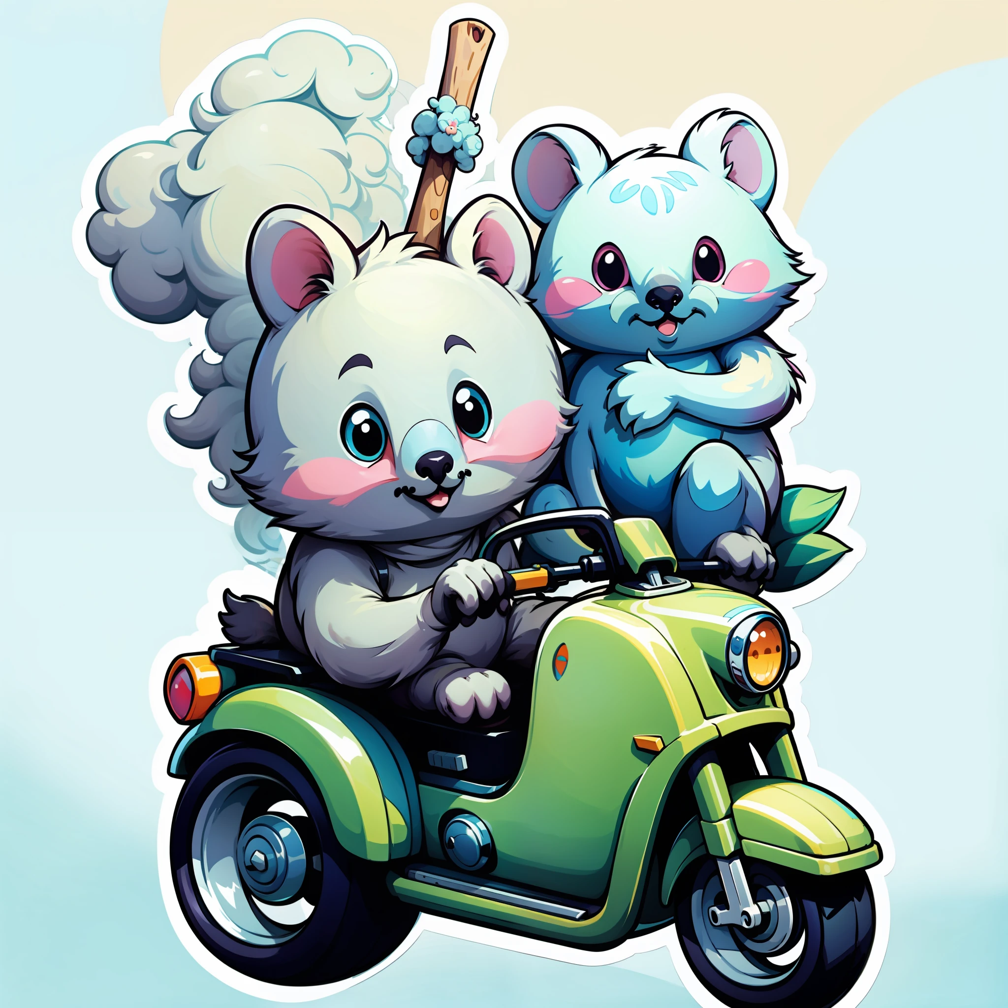 Chubby cute koala，Riding a scooter，Anthropomorphic style，Disney  style、 Black strokes，Stick figure style，8K，