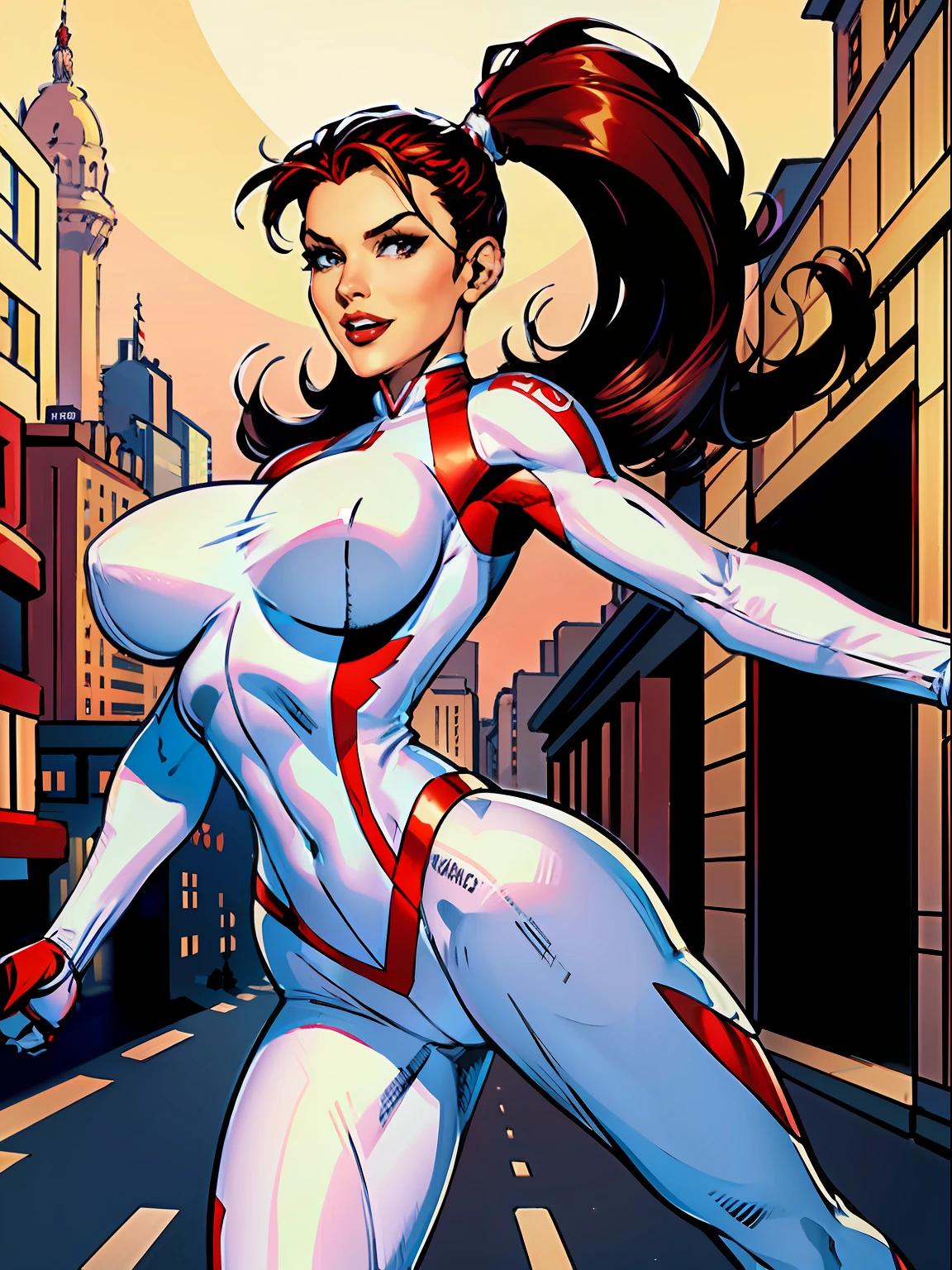 1girl, Stretcher the busty comic book woman, masterpiece, beautiful, high quality, high definition, superb quality, highly detailed, insane detail, sexy pose, posing for cameras, running, happy, smiling, jogging, bouncing breasts, long hair, huge ponytail, slim, thin, athletic, womanly, rubbery, elastic woman, (white and red spandex, white and red legs, tight top), rubber body, brunette, ((huge breasts, slim waist)), city, heroic, cheerful, (bold nose, hawkish facial features),