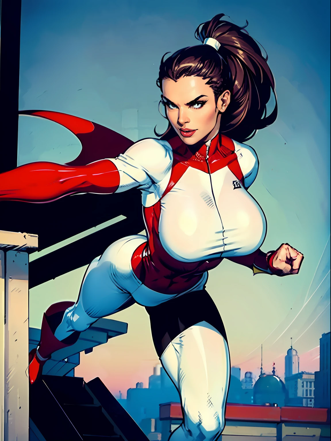 1girl, Stretcher the busty comic book woman, masterpiece, beautiful, high quality, high definition, superb quality, highly detailed, insane detail, sexy pose, posing for cameras, running, happy, smiling, jogging, bouncing breasts, long hair, huge ponytail, slim, thin, athletic, womanly, rubbery, elastic woman, (white and red spandex, white and red legs, tight top), rubber body, brunette, ((huge breasts, slim waist)), city, heroic, cheerful, (bold nose, hawkish facial features),