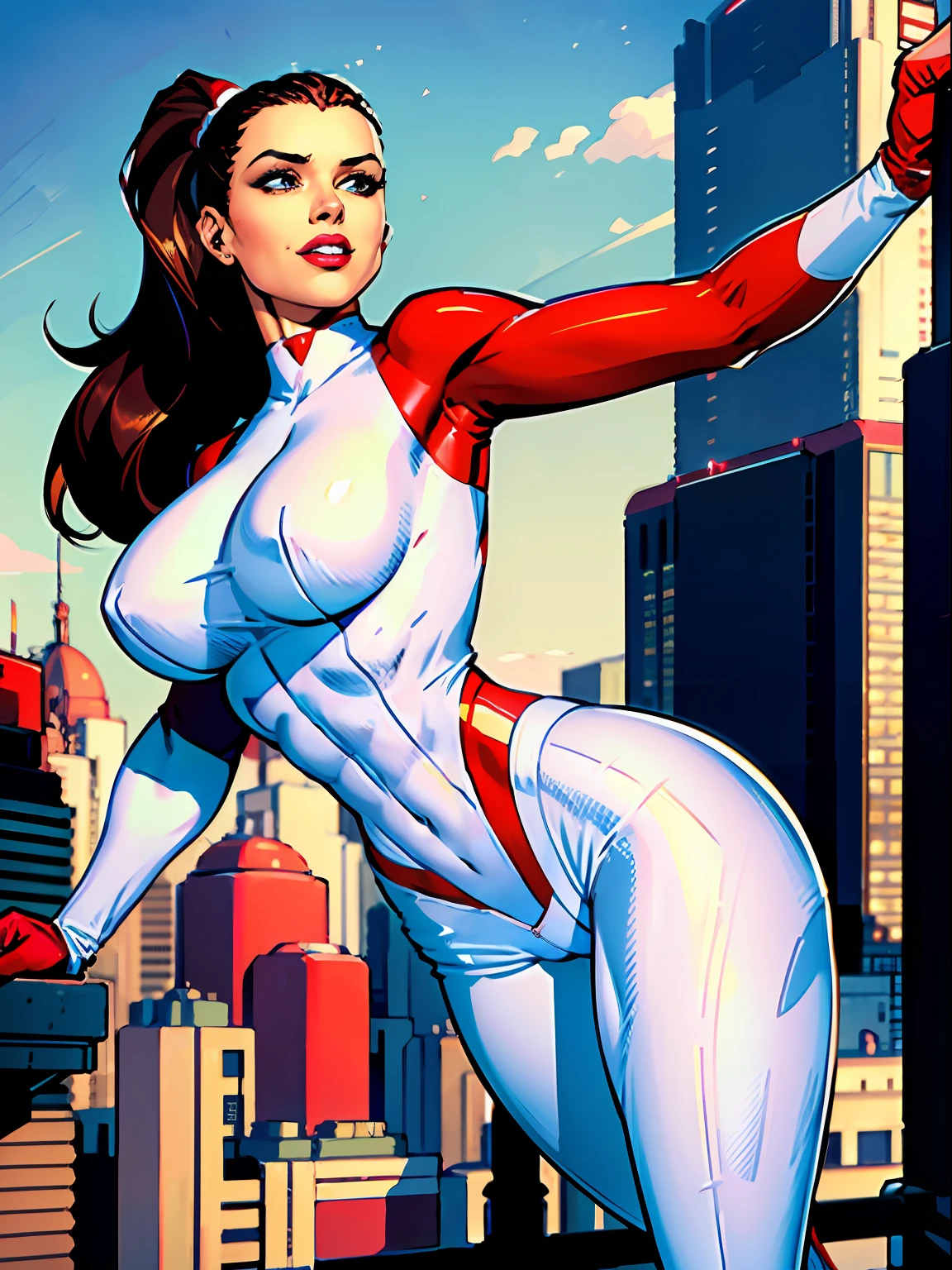 1girl, Stretcher the busty comic book woman, masterpiece, beautiful, high quality, high definition, superb quality, highly detailed, insane detail, sexy pose, posing for cameras, running, happy, smiling, jogging, bouncing breasts, long hair, huge ponytail, slim, thin, athletic, womanly, rubbery, elastic woman, (white and red spandex, white and red legs, tight top), rubber body, brunette, ((huge breasts, slim waist)), city, heroic, cheerful, (bold nose, hawkish facial features),