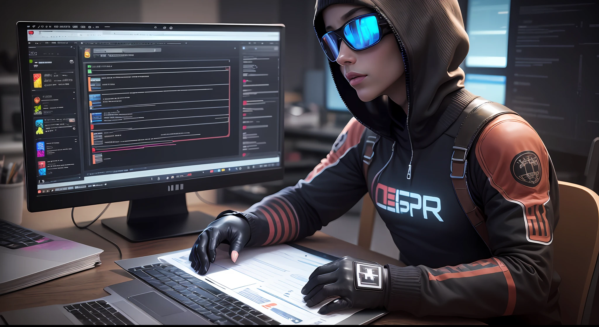 um hacker touro ( animal ) usando roupas cyperpunk, mexendo em um notebook, with the chart indicators screen pointing upwards, with multiple laptops connected. Ultra realista, 8k. --auto --s2