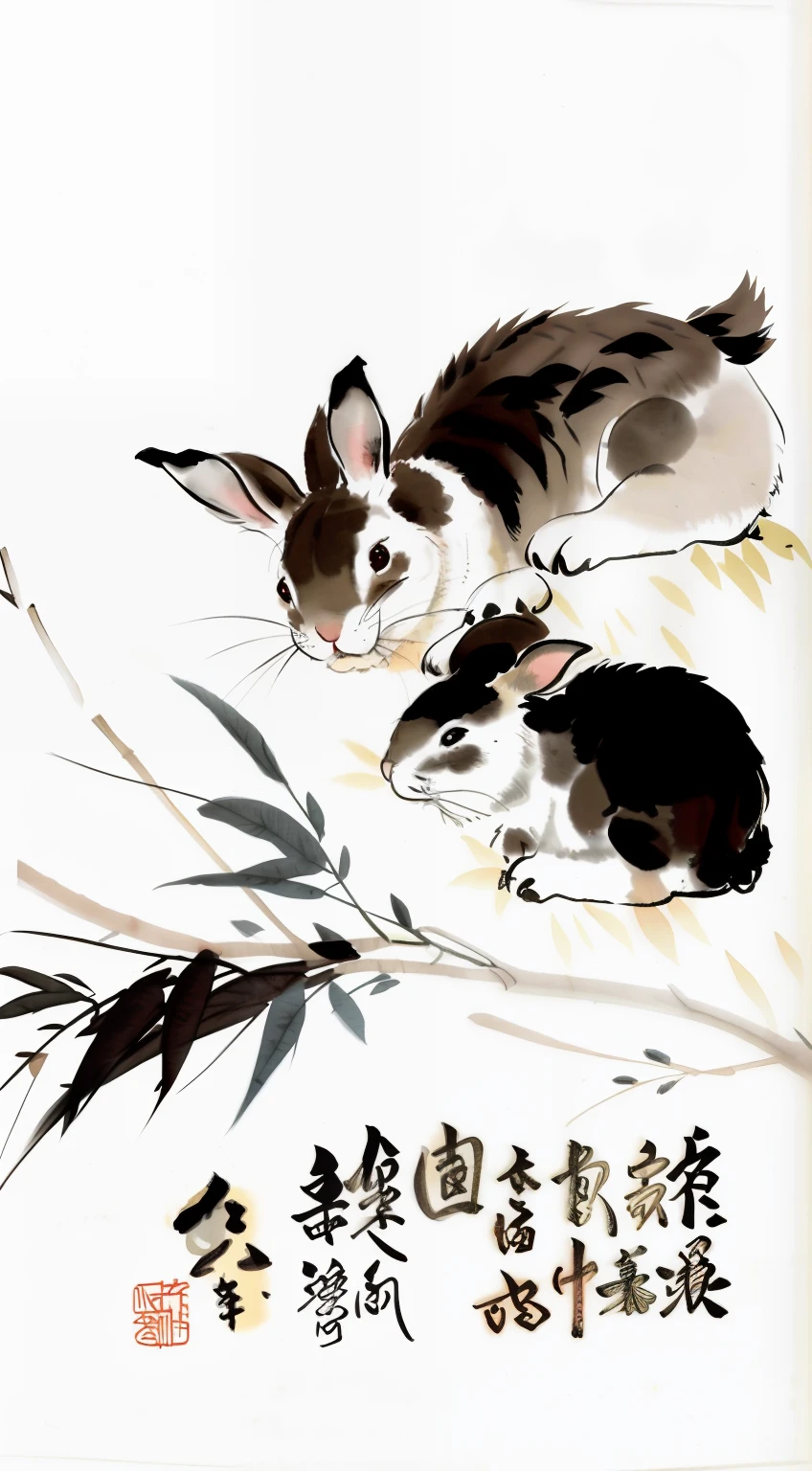There are two rabbits,Accompanied by bamboo,In the Qi Baishi style of traditional Chinese painting,Written by Cao Zhibai and Shao Mi。