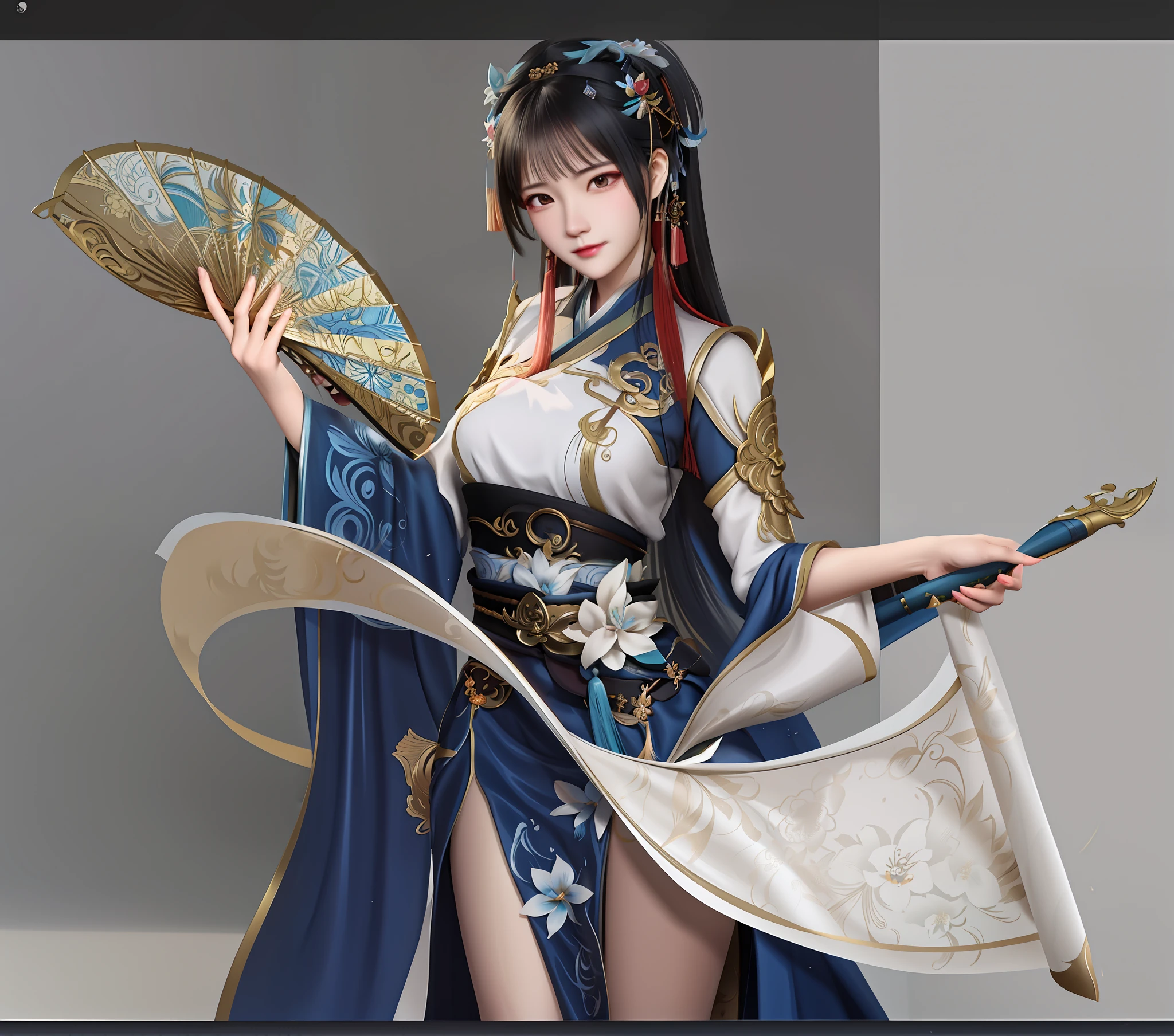 Beautiful woman in period blue dress,Hold a paper fan in your right hand,Hold a brush in your left hand,A girl in Hanfu, trending on cgstation, Inspired by Lan Ying, a beautiful fantasy empress, full-body xianxia, Inspired by Qiu Ying, inspired by Du Qiong, G Liulian art style, Inspired by Li Tang, Chinese costume 32K Ultra HD, Light cyan and light amber, A beauty in a dress with a floral pattern, in the style of anime art, Light cyan and amber, Detailed facial features, Dream illustration style zbrush, UHD image, Feminine elegance, light gold and bronze, anime artsyle,Organic and flowing forms, Free brush strokes, illustrated ,in the style of artgerm
