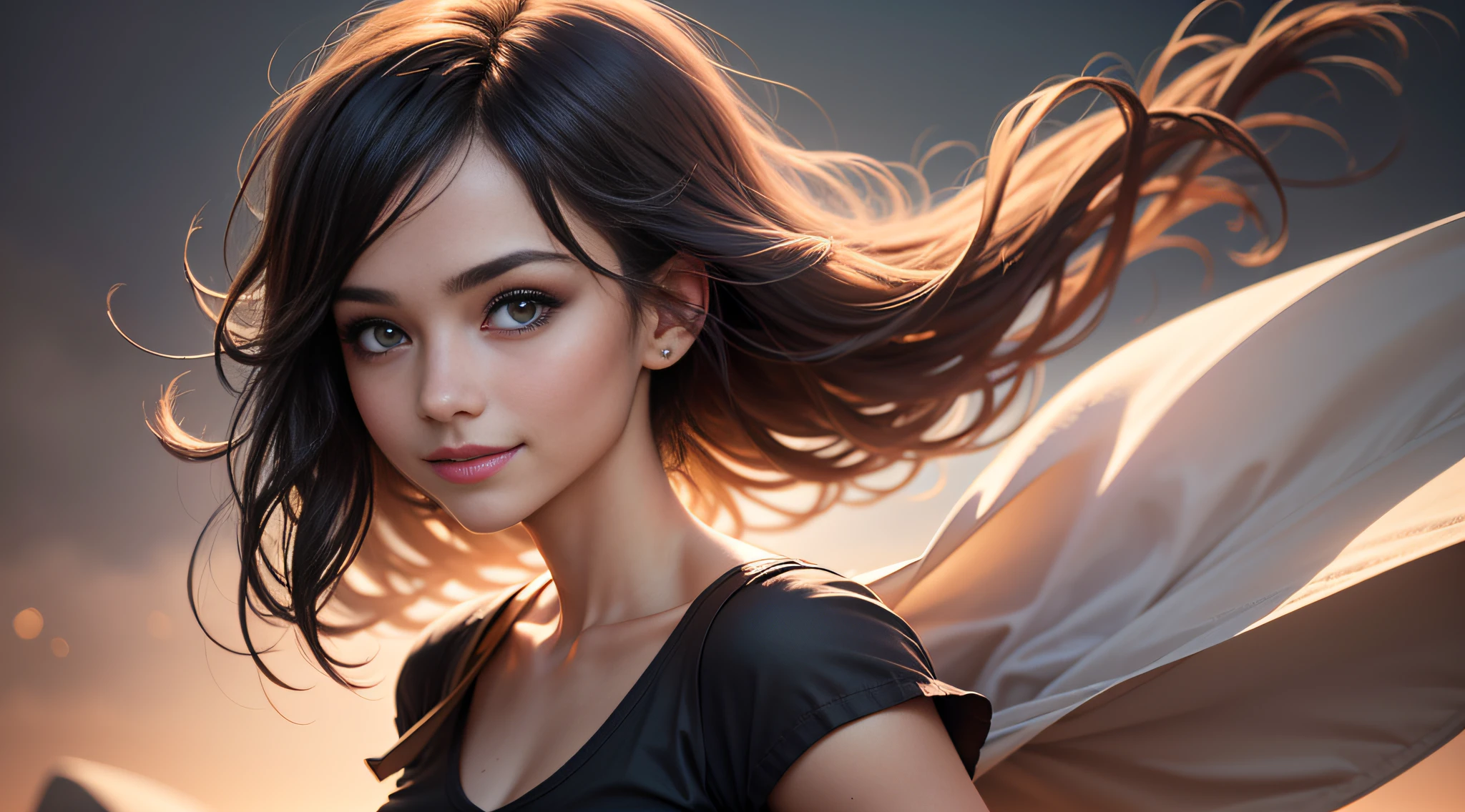 (8k, RAW photo, best quality, masterpiece: 1.2), (realistic, photorealistic photo: 1.37), ultra detail, super high resolution, 1 girl, looking at the viewer, beautiful detail face, smile, narrow, (thin waist: 1.3), shirt, beautiful detail skin, skin texture, floating hair, professional lighting,