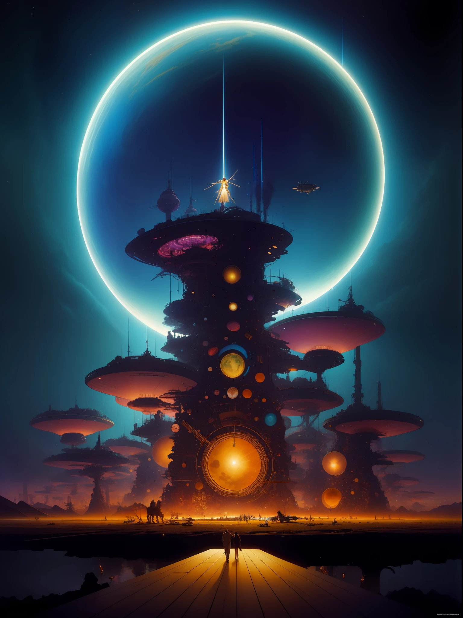 Inspirado en las legendarias obras de PETER ELSON, John Berkey, JIM BURNS, VICENTE DI DESTINO, Chris Foss, ANGUS MCKIE, Ralph McQuarrie, Syd Mead, Boris Vallejo, Frank Frazetta, y ROGER DEAN, This work of art takes us on a journey through an otherworldly musical spectacle. Imagine a magnificent concert hall floating in the cosmos, where ethereal musicians play celestial instruments that emit radiant melodies. The whole scene is illuminated by cosmic lights, creating a mesmerizing symphony of colors and sounds that resonate throughout the universe.