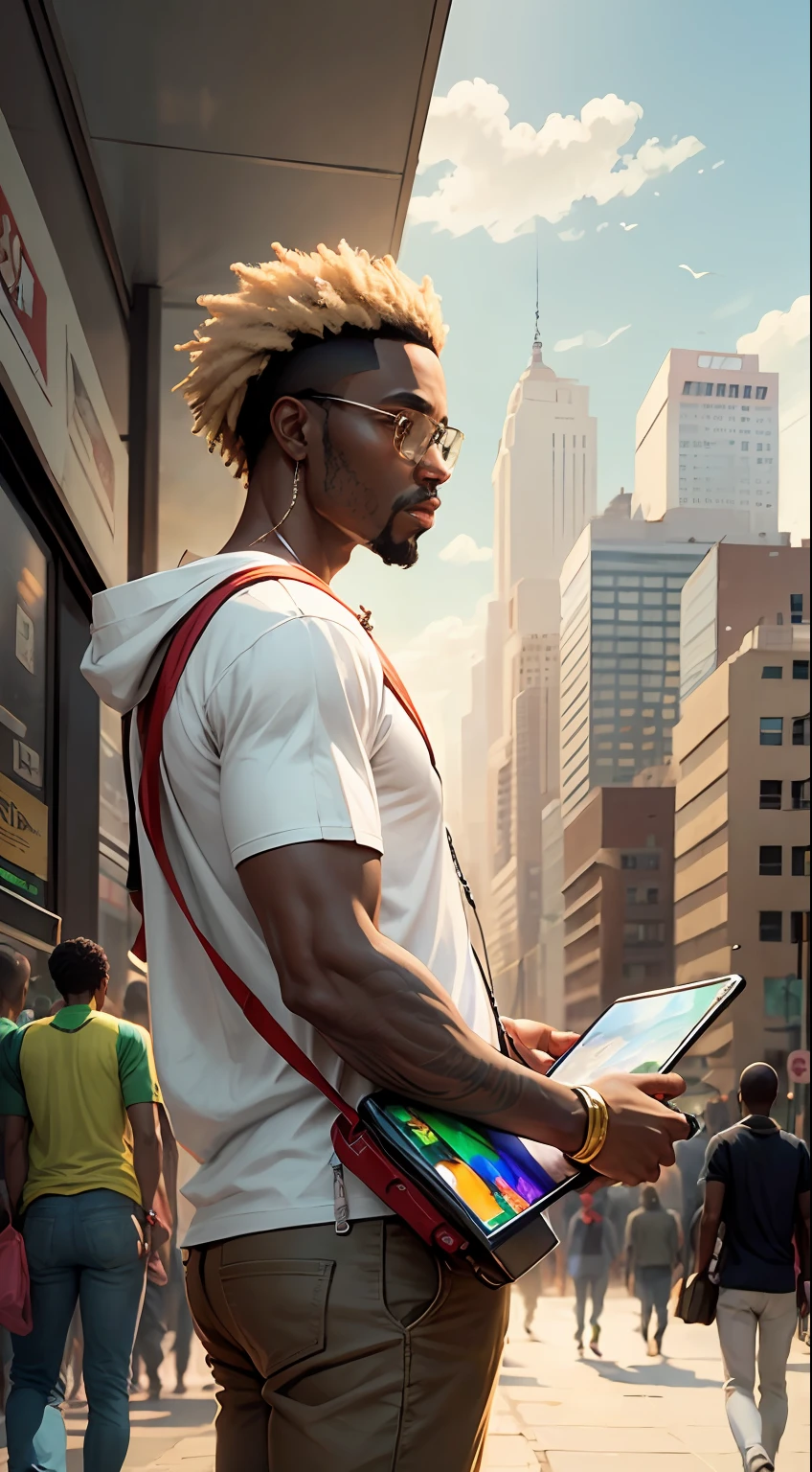 A painting of an African man holding electronics in a city bustling with countless people
