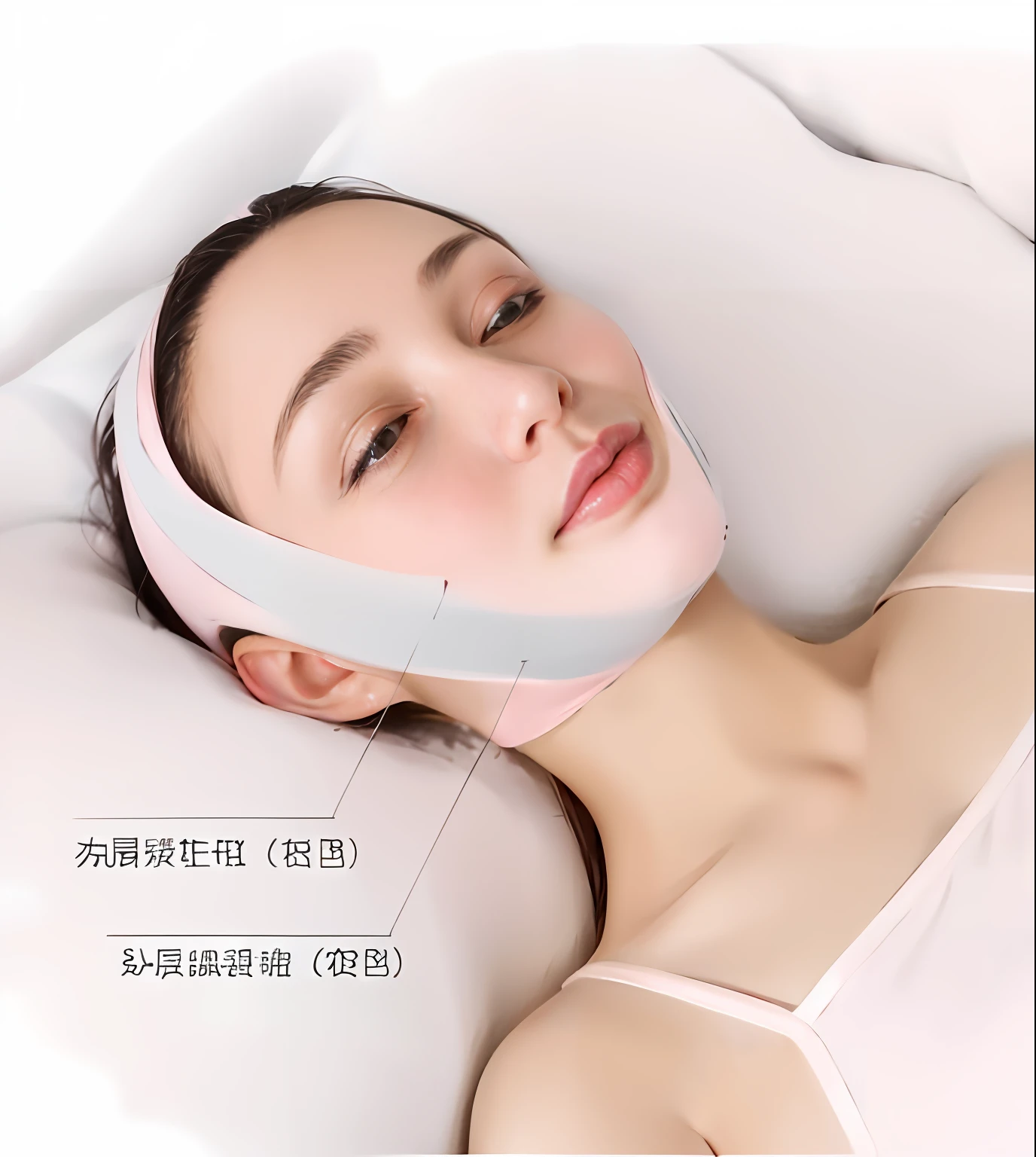 Close-up of a woman lying on a bed wearing a pink headband, Beautiful smooth oval face, round portruding chin, some of them use gask mask, Round narrow chin, beautiful smooth oval head, beautiful precise face and body, perfect facial symettry, face neck shoulders, clear smooth face, face accessories, Smooth oval face, 3 6 0 p