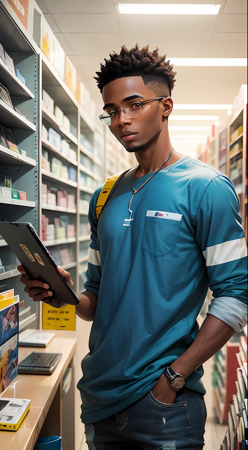 A painting of a young African man in an electronics sales store holding a tablet... A imagem deve ilustrar uma variedade de produtos na prateleira no fundo
