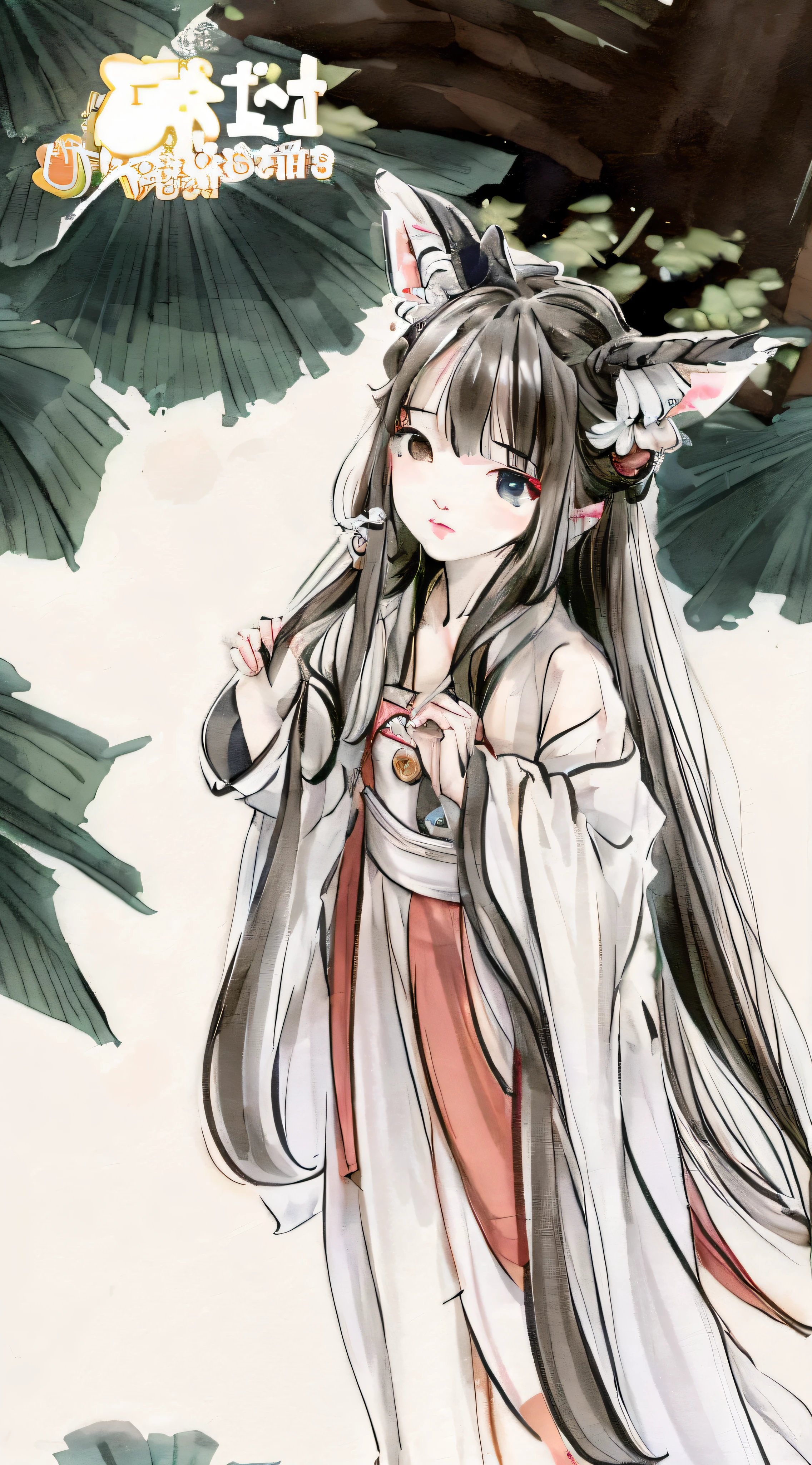 ((4k,masterpiece,best quality)), shuimobysim, Chinese painting, lotus, hanfu, maxiskit, dressed conservative 1 girl, solo, white hair, long hair, fox ears, white, bikini, fish, many fish close to the girl, looking at the audience, teasing