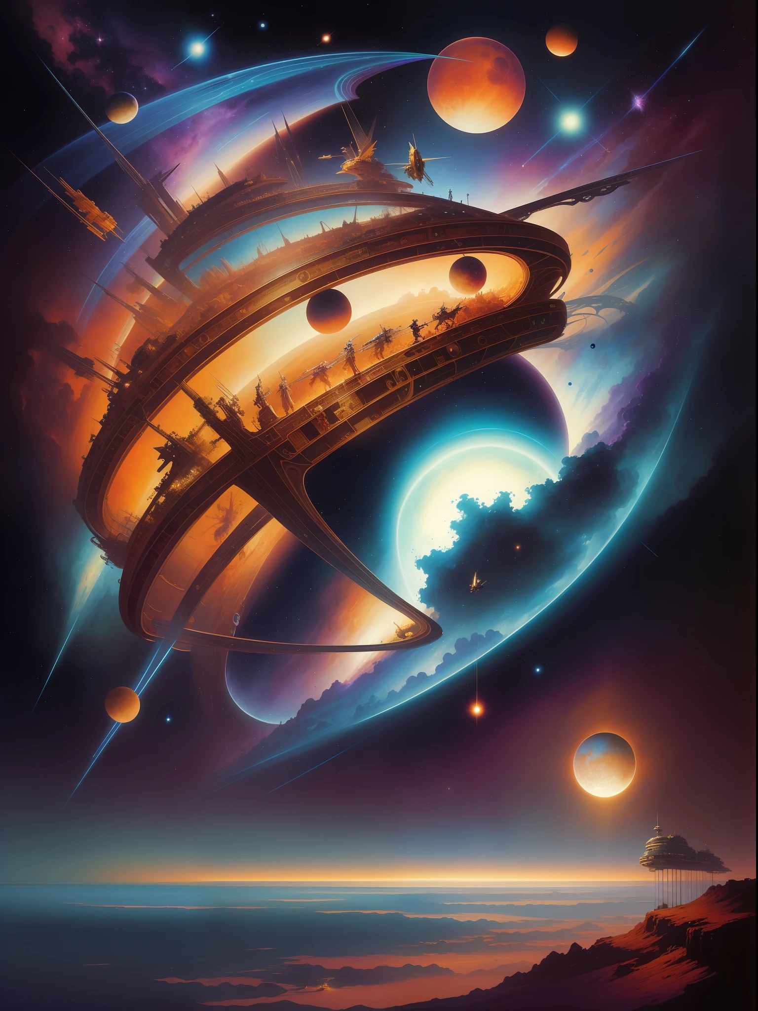 Inspirado en las legendarias obras de PETER ELSON, John Berkey, JIM BURNS, VICENTE DI DESTINO, Chris Foss, ANGUS MCKIE, Ralph McQuarrie, Syd Mead, Boris Vallejo, Frank Frazetta, y ROGER DEAN, This work of art takes us on a journey through an otherworldly musical spectacle. Imagine a magnificent concert hall floating in the cosmos, where ethereal musicians play celestial instruments that emit radiant melodies. The whole scene is illuminated by cosmic lights, creating a mesmerizing symphony of colors and sounds that resonate throughout the universe.