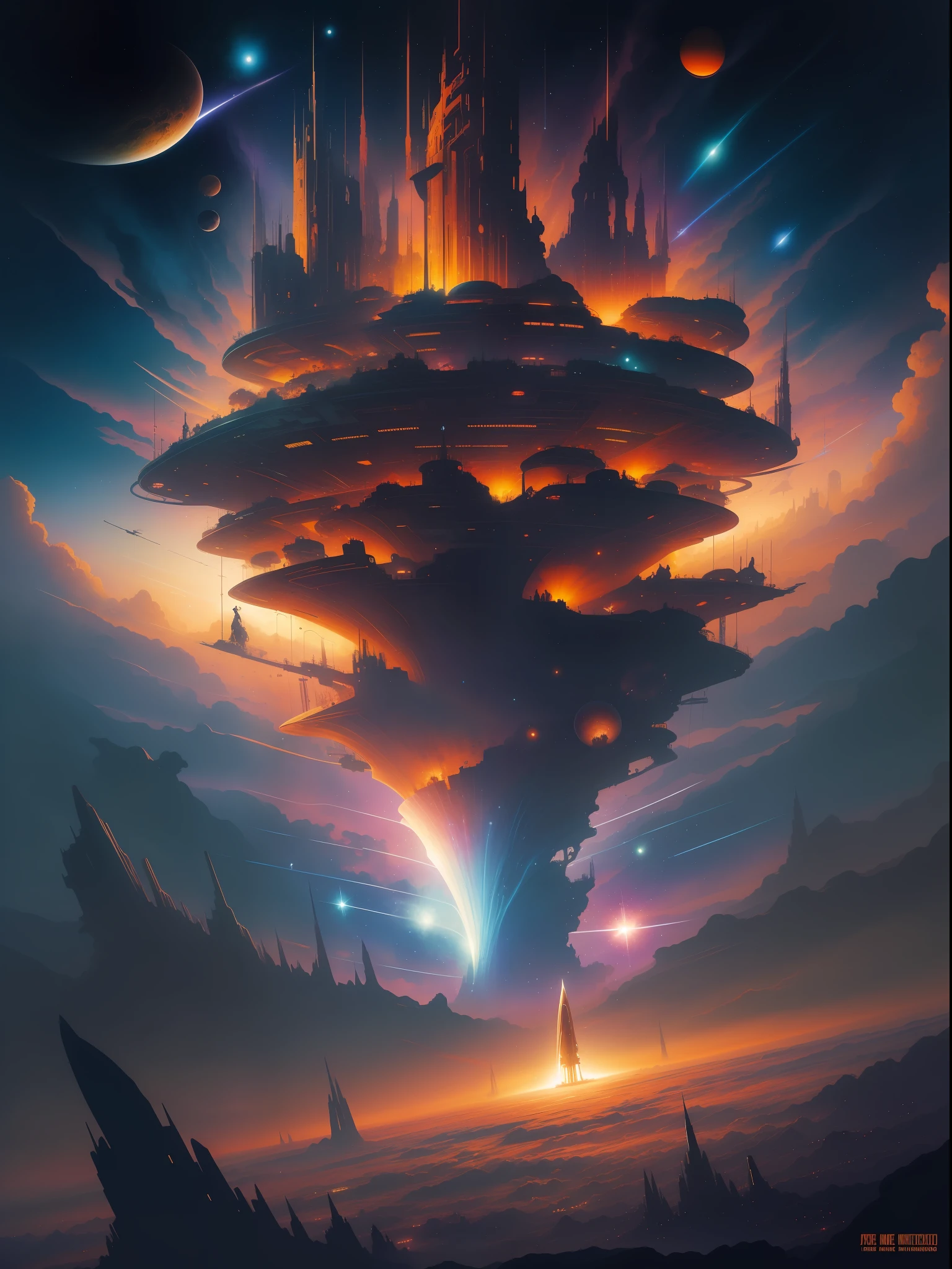 Inspirado en las legendarias obras de PETER ELSON, John Berkey, JIM BURNS, VICENTE DI DESTINO, Chris Foss, ANGUS MCKIE, Ralph McQuarrie, Syd Mead, Boris Vallejo, Frank Frazetta, y ROGER DEAN, This work of art takes us on a journey through an otherworldly musical spectacle. Imagine a magnificent concert hall floating in the cosmos, where ethereal musicians play celestial instruments that emit radiant melodies. The whole scene is illuminated by cosmic lights, creating a mesmerizing symphony of colors and sounds that resonate throughout the universe.