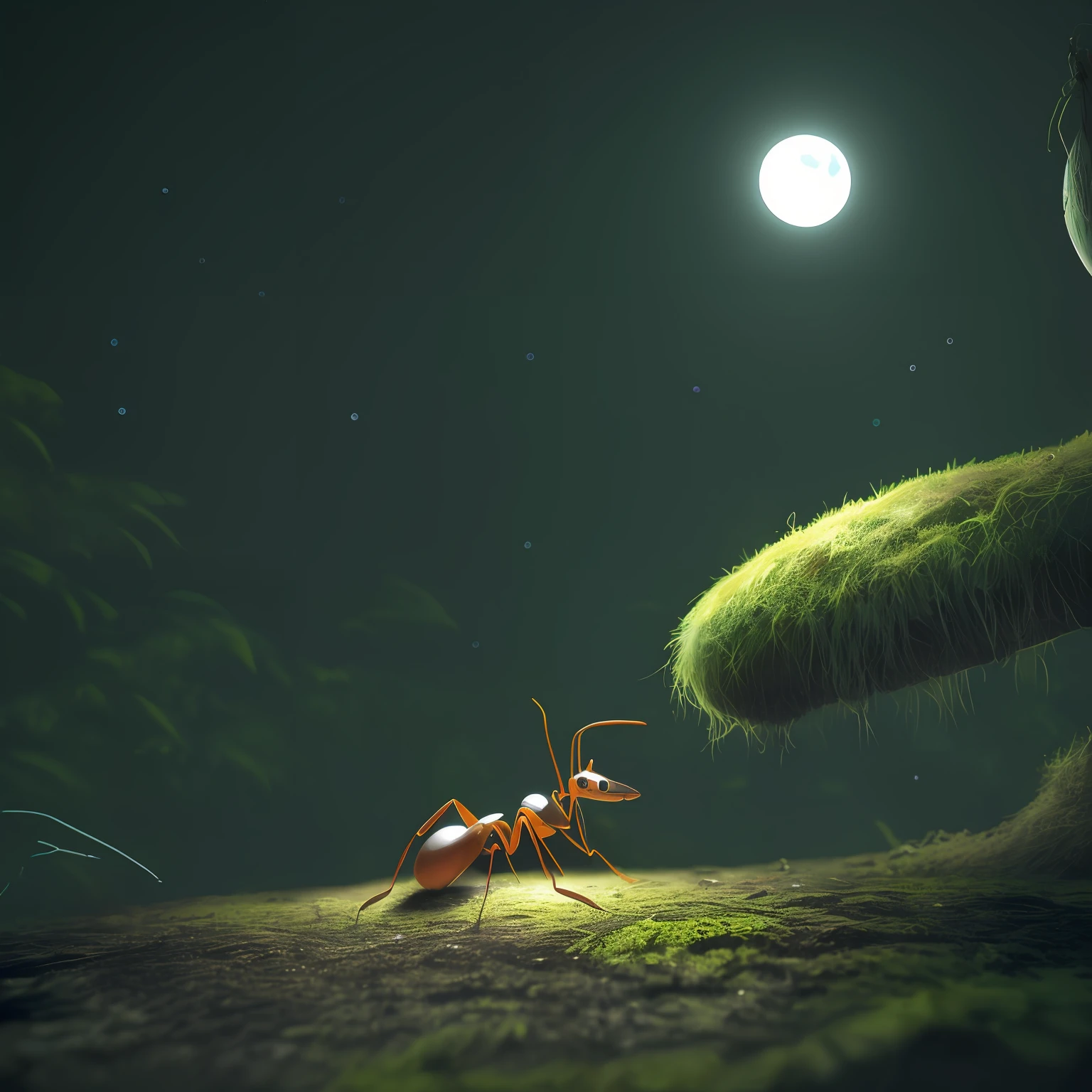 Group of large majestic Viking ants on a dark forest floor looking at the moon. 1970s scifi concept art style.