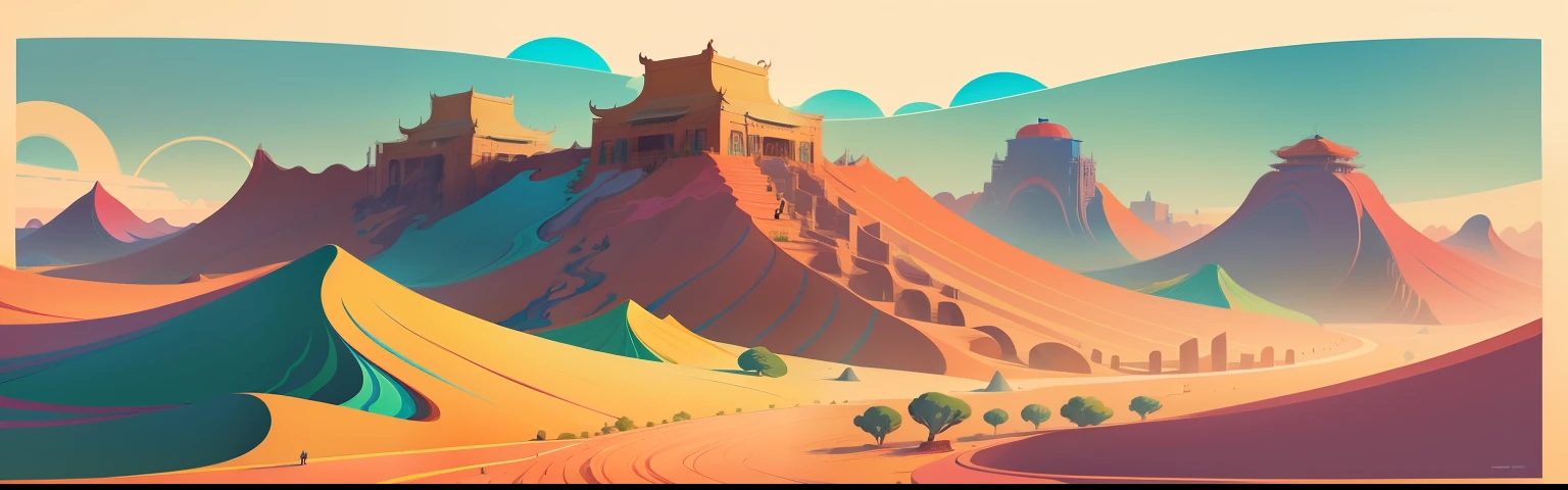 dunhuang，Danxia landforms，Silk Road，Colorful illustration, Colorful illustrations, psychedelic illustrations, cmyk palette, editorial illustration colorful, kilian eng vibrant colours, kilian eng vibrant colours, Adobe Illustrator Art, victo ngai! pastel colour, full-colour illustration, Detailed digital illustration illustration