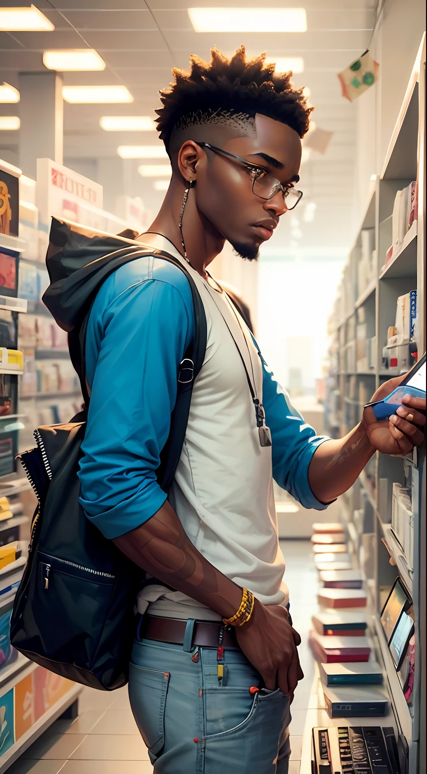A painting of a young African man in an electronics sales store holding a tablet... A imagem deve ilustrar uma variedade de produtos na prateleira no fundo