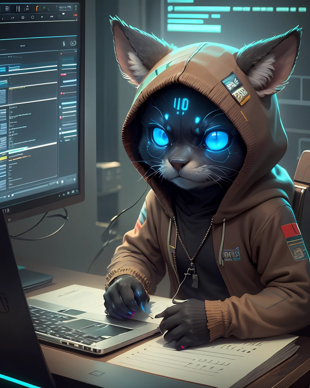 /imagine prompt:/imagine prompt:um hacker touro ( animal ) usando roupas, mexendo em um notebook, with the chart indicators screen pointing upwards, with multiple laptops connected. Ultra realista, 8k. --auto --s2