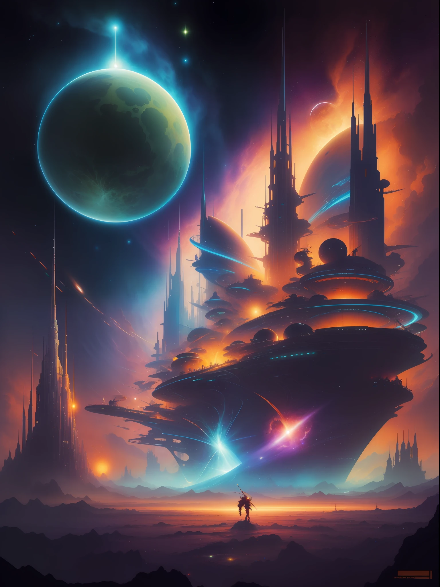Inspirado en las legendarias obras de PETER ELSON, John Berkey, JIM BURNS, VICENTE DI DESTINO, Chris Foss, ANGUS MCKIE, Ralph McQuarrie, Syd Mead, Boris Vallejo, Frank Frazetta, y ROGER DEAN, This work of art takes us on a journey through an otherworldly musical spectacle. Imagine a magnificent concert hall floating in the cosmos, where ethereal musicians play celestial instruments that emit radiant melodies. The whole scene is illuminated by cosmic lights, creating a mesmerizing symphony of colors and sounds that resonate throughout the universe.