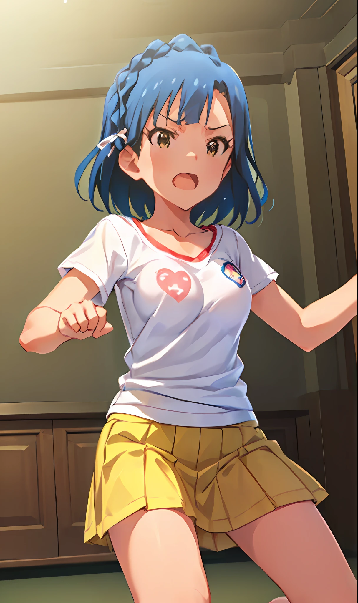 yuriko nanao (million live). Short stature. (((white t-shirts))).(((Skirt))).(((masterpiece))).(((best quality))).((Ultra-detailed))).(((illustratio))). (((fighting stance))).(((a room))).(((make a fist))).(((up chest))).Despair face.(((short-hair))).((big breasts)).((Opening Mouth)).