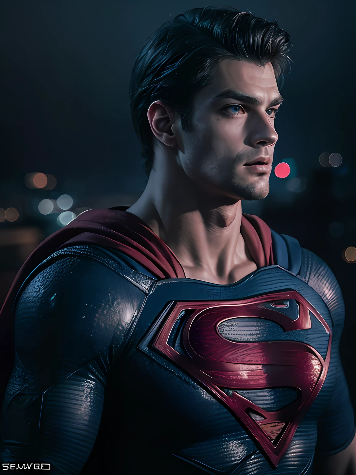Superman Sean O'Pry, cinemactic, hiper-realista, fotografia, pele detalhada, HDR, Cinematography, noite