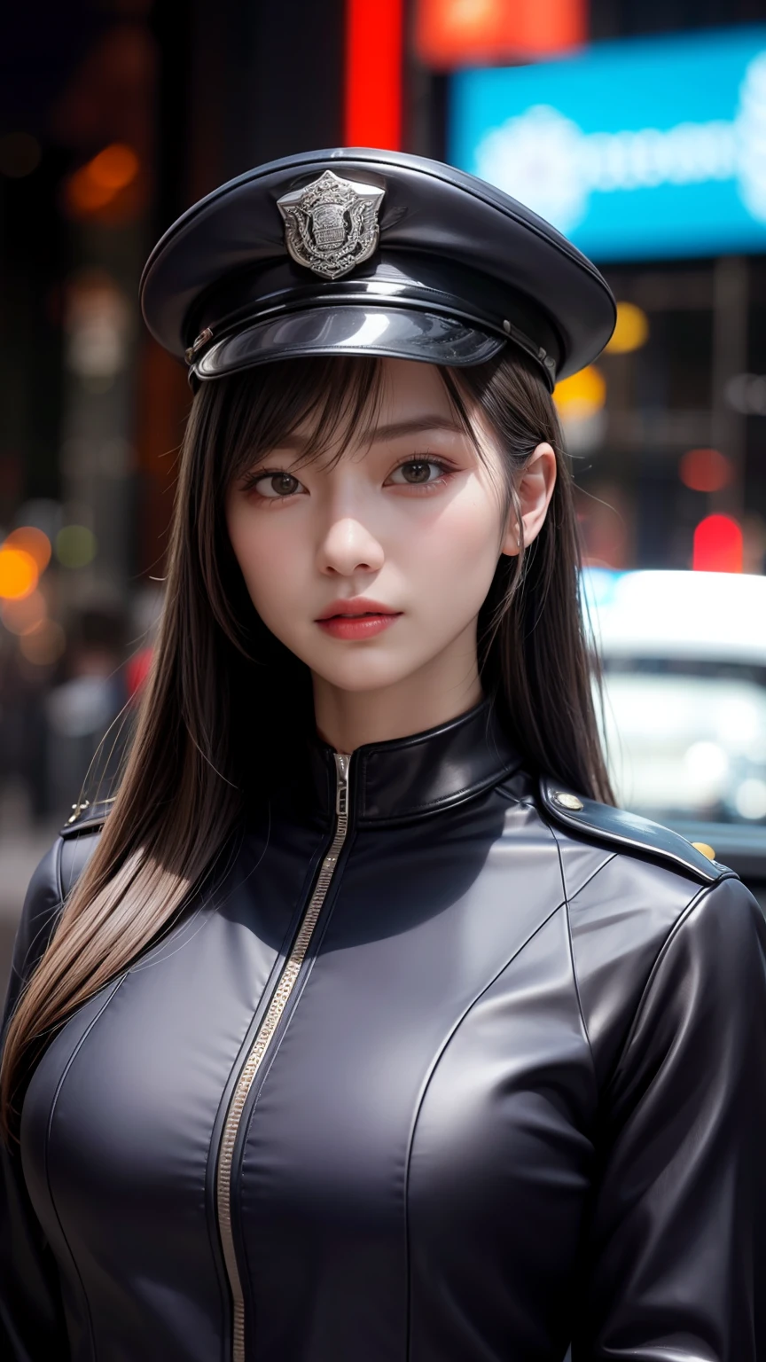 Highest image quality，Outstanding details，超高分辨率，swat，The police of the future，Model figure，Full body photo，full bodyesbian，dynamicposes，Grim expression，grim eyes，masked，She wears a futuristic SWAT uniform，She stood in front of the police car，pony tails，Robust body，Sexy and robust，Detailed abs，Detailed muscle lines，sense of strength，perspired，the night，toyko，outside，street corner，Tokyo city street：1.5，Tokyo night view background，At night，neonlight，sense of science and technology，future-tech，Very detailed cyberpunk style，cyber punk perssonage：2.0，Highly detailed police uniforms：2.0，Highly detailed police cap，Highly detailed police force，Highly detailed police badge，Highly detailed armbands，Highly detailed police strips，Highly detailed epaulettes，wear police cap，Highly detailed electric batons，Highly detailed guns:1.5，The gun of the future，intercom，Wireless devices，handcuff：1.5，police cars：2.0，Future police car，（Highly detailed body，Highly detailed face，Best quality at best：1.2） ，frontage，full bodyesbian，Look from the bottom up，look from down, looki at viewer，mechs，Tokyo city background，tokyo city，toyko，（Highly detailed police uniforms：2.0），（Highly detailed police equipment：2.0），（swat：2.0），（guns：2.0），（Tokyo city background at night：2.0），（Complex streets：1.5），（Highly detailed police car：2.0），（fully body photo：2.0），（the night：2.0），（Detailed hands：2.0），（Harmonious body proportions：2.0），（Normal limbs：2.0），（Normal fingers：2.0），（Detailed eyes：2.0），（Normal eyes：2.0），