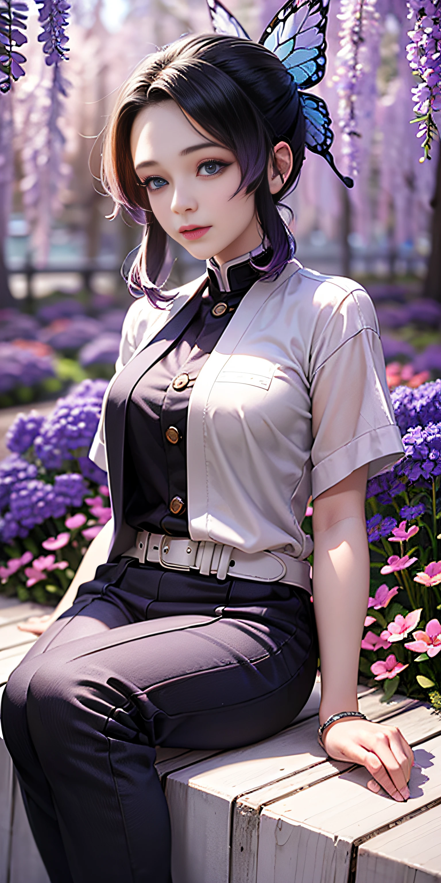 Beautiful eyes、Ultra realistic 8K CG、masterpiece、((hyper detailed background、delicate patterns、intricate detailes))、top-quality、extra detailed face、extremely detailed eye and face、extremely detailed eye、kochou shinobu、O cabelo multicolorido、No bangs、Hair intake、a purple eye、brow、Black shirt、Black pants、haori、butterflys、buttoning、a belt、(garden:1.2)、purple flower、Chibi、cloudy ash sky、sunlights、Tindall Effect、gradient_skyporn、faces、Gorgeous sky、Waist saber、alluring posture、